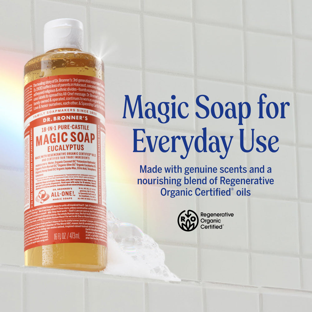 Dr. Bronner's bottle being dispensed to demonstrate concentrated pump use and economy