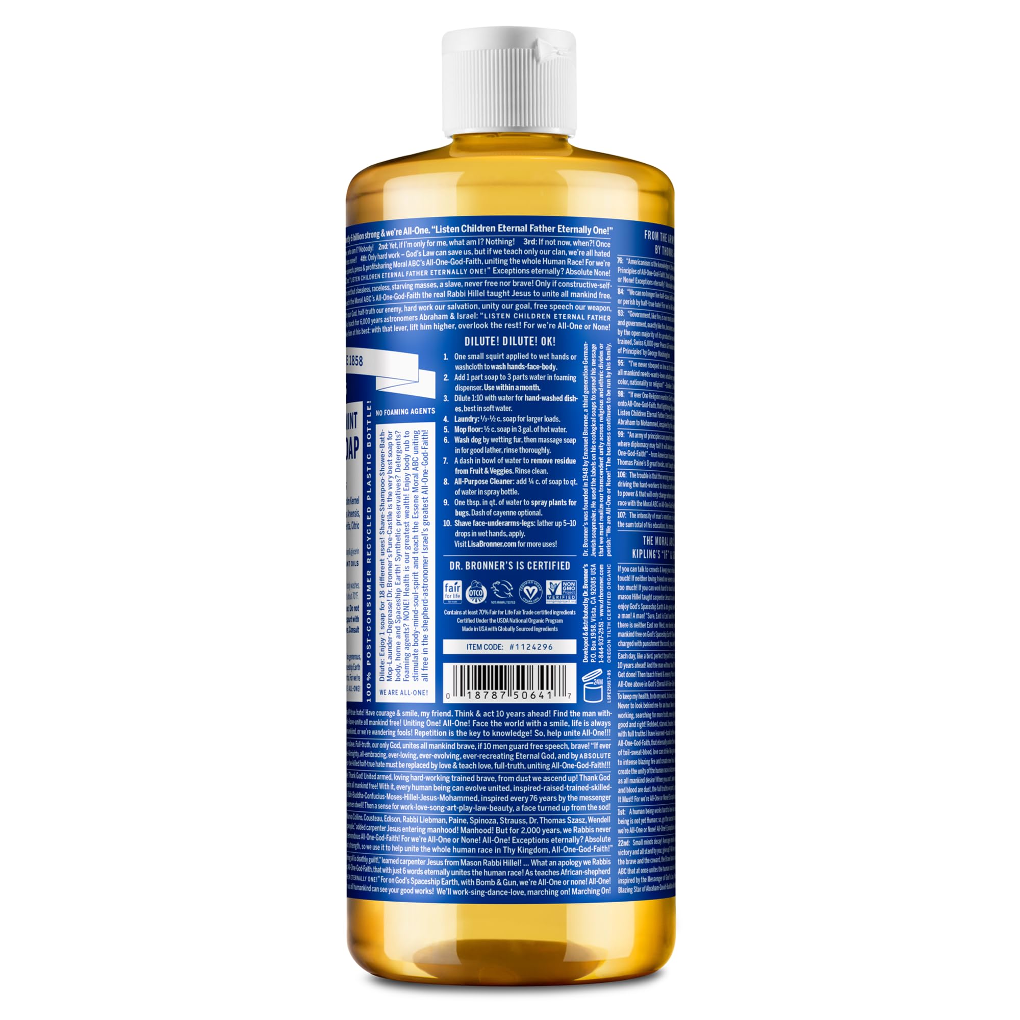 Dr. Bronner's label closeup highlighting ingredients and organic certification benefit