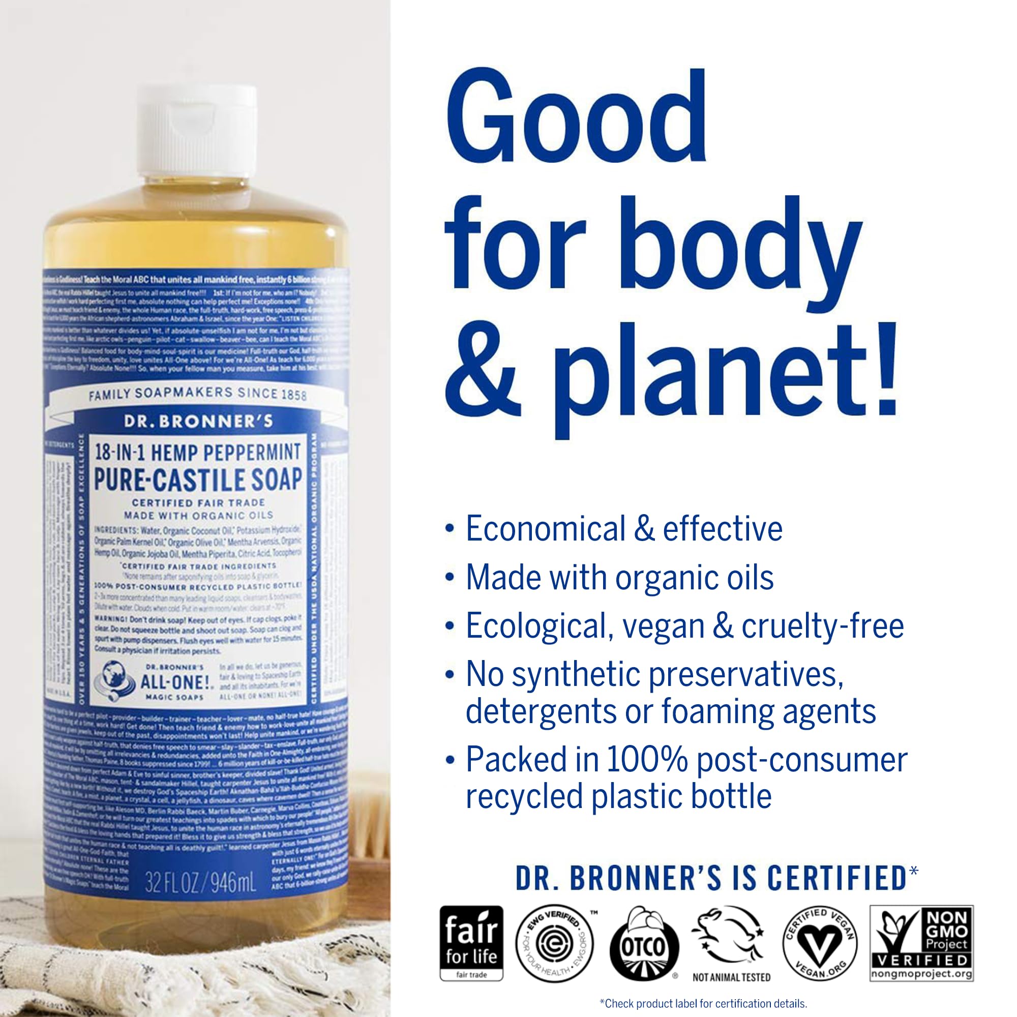 Dr. Bronner's lather in hand demonstrating gentle cleansing and rinseability benefit