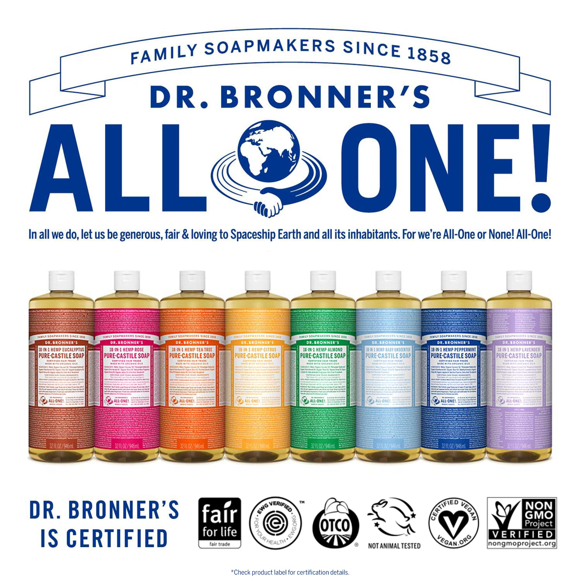 Dr. Bronner's beside a ruler showing 25 oz scale and economical dilution benefit