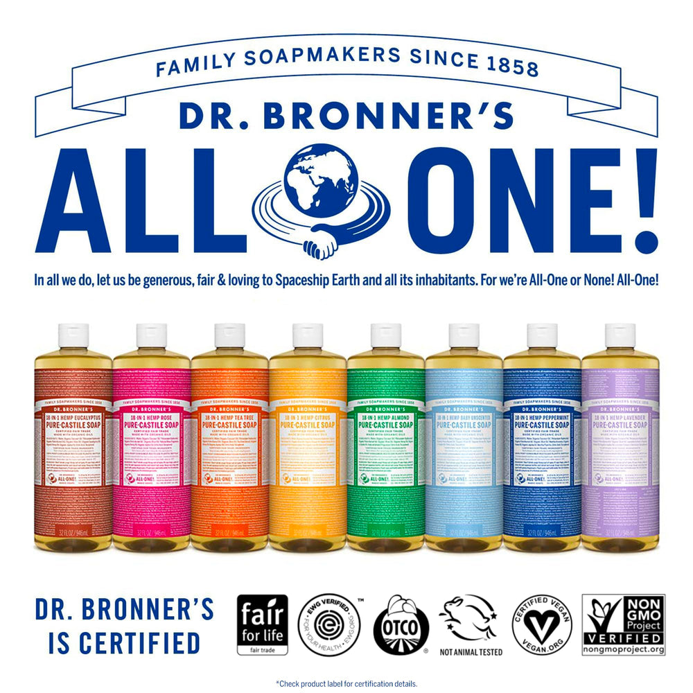 Dr. Bronner's beside a ruler showing 25 oz scale and economical dilution benefit