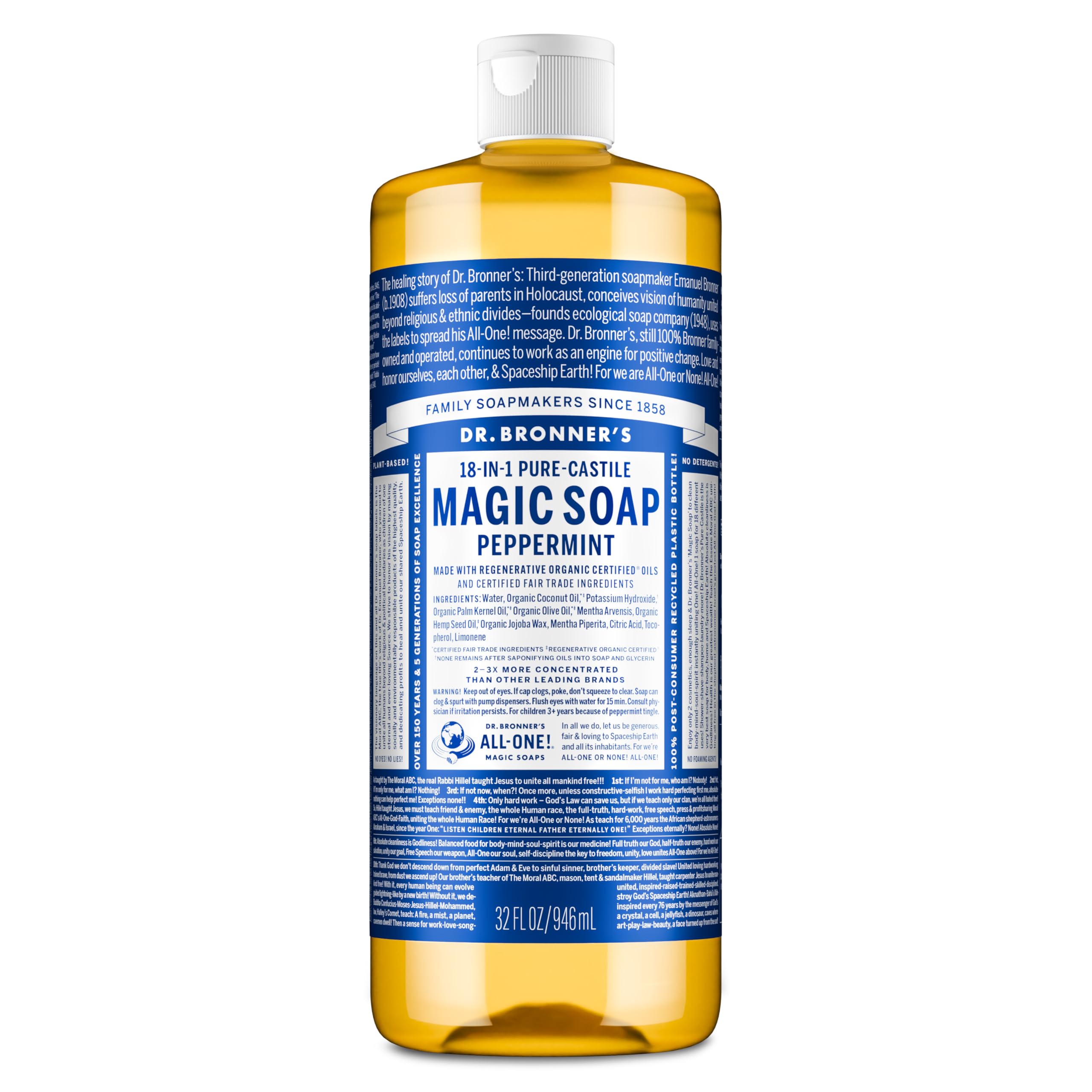 Dr. Bronner's peppermint bottle front view shows label clarity and refreshing scent benefit