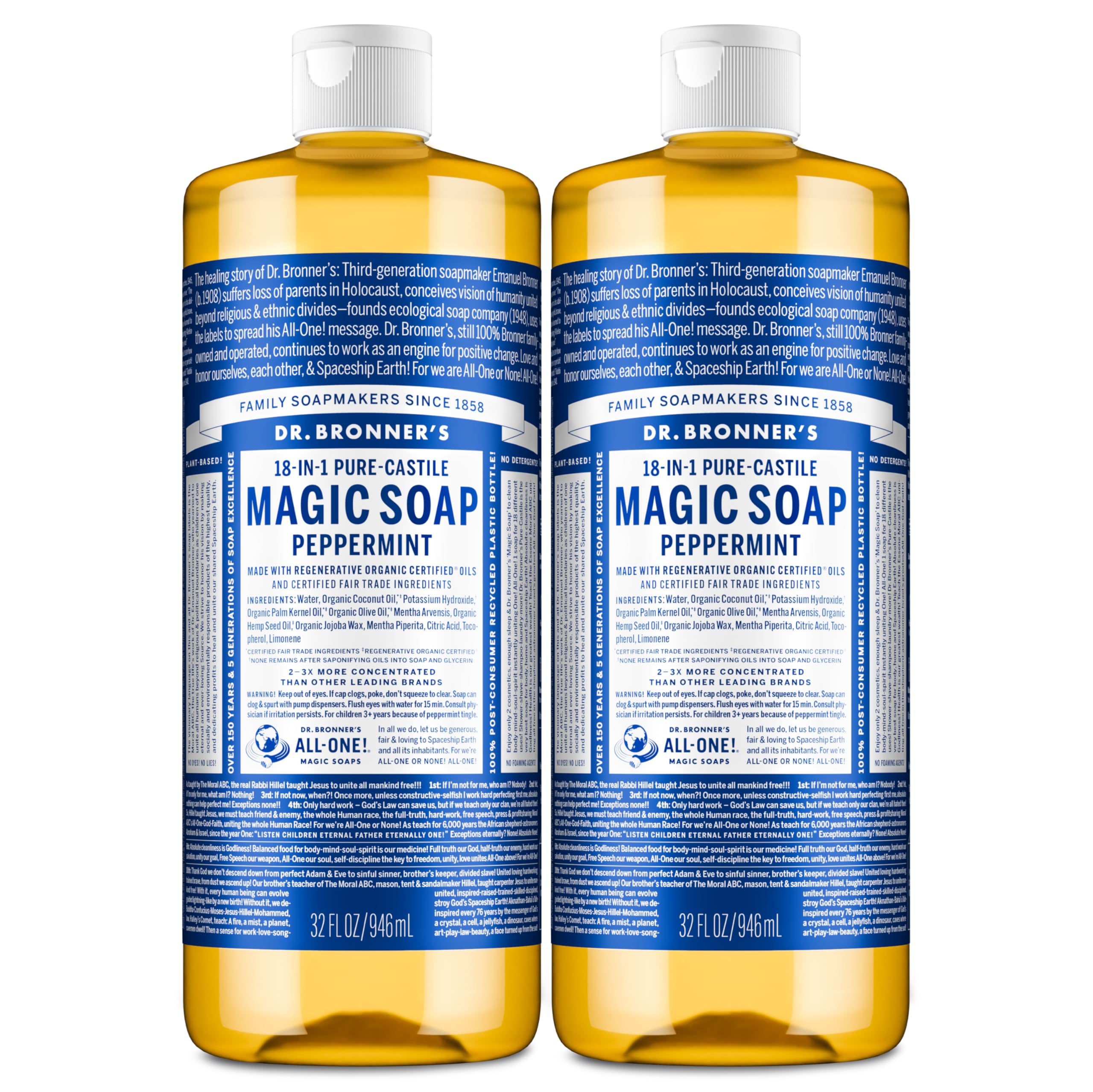 Dr. Bronner's peppermint front packaging showing two 32 oz bottles and label benefits