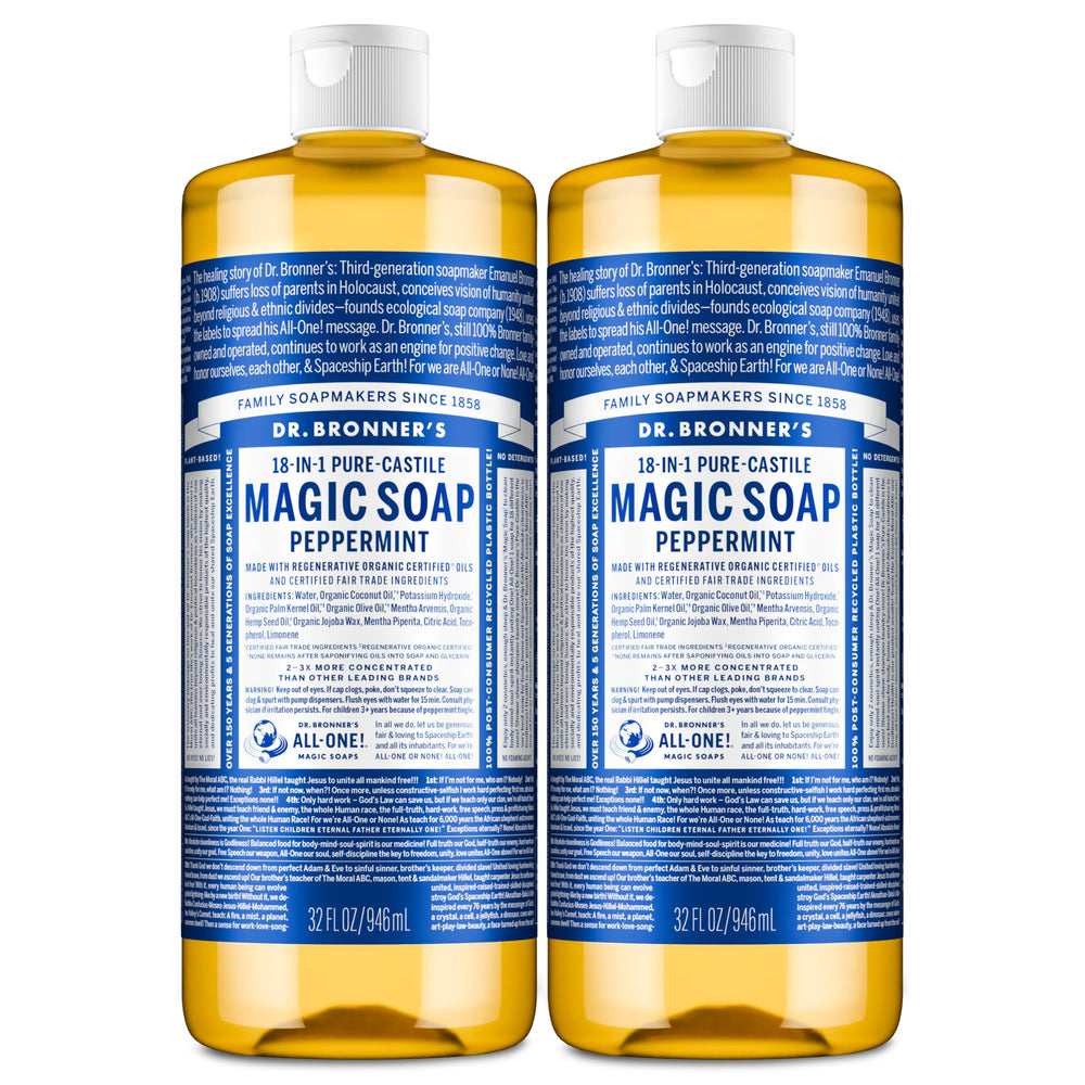 Dr. Bronner's peppermint front packaging showing two 32 oz bottles and label benefits