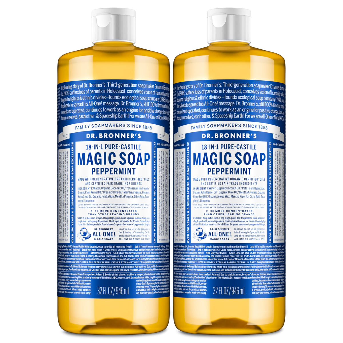 Dr. Bronner's peppermint front packaging showing two 32 oz bottles and label benefits