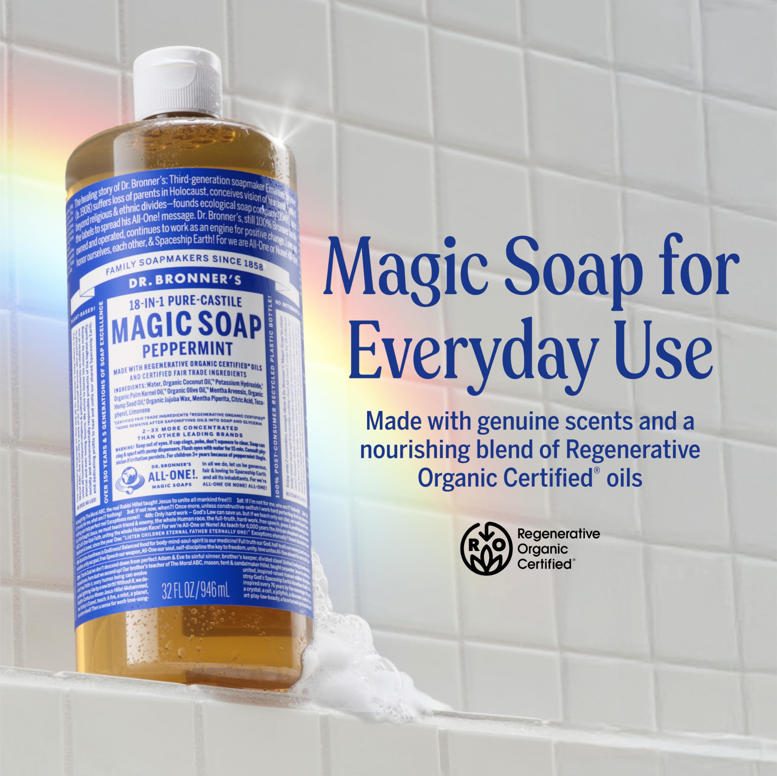 Dr. Bronner's peppermint liquid soap being poured to show concentrated dispensing benefit