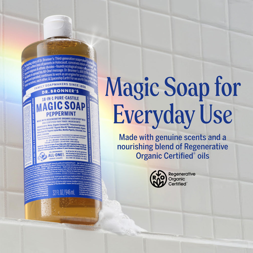 Dr. Bronner's peppermint liquid soap being poured to show concentrated dispensing benefit