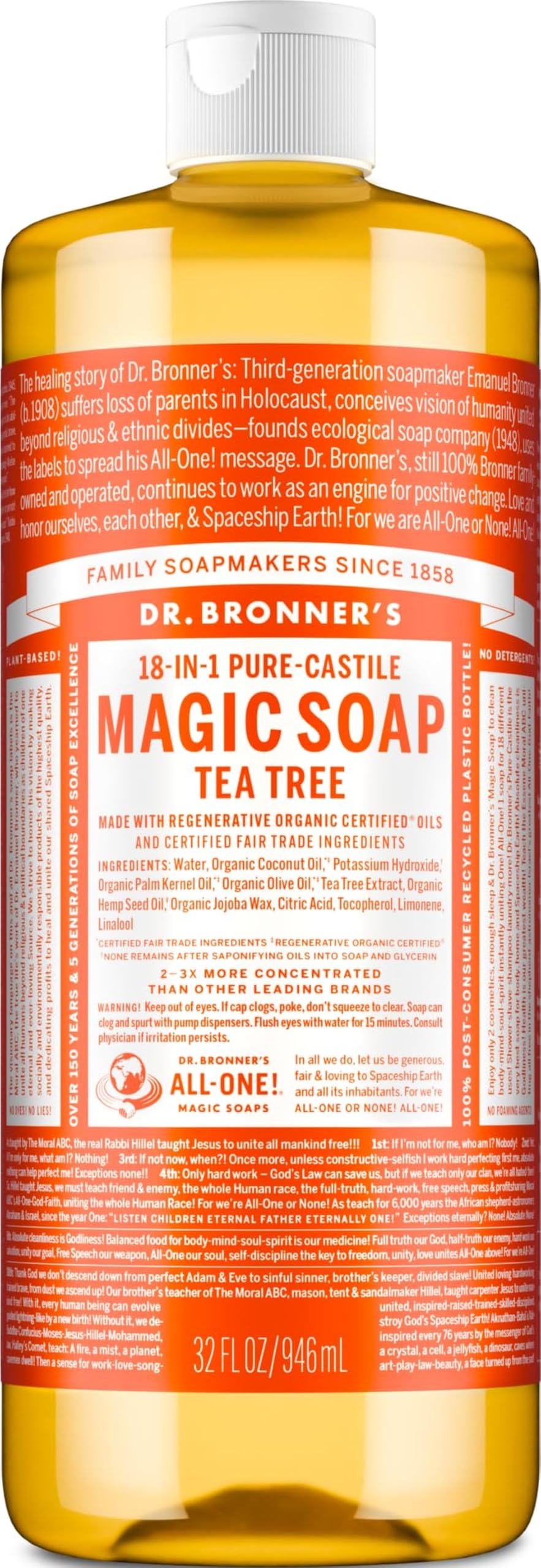 Dr. Bronner's bottle front label showing product identity and organic callouts