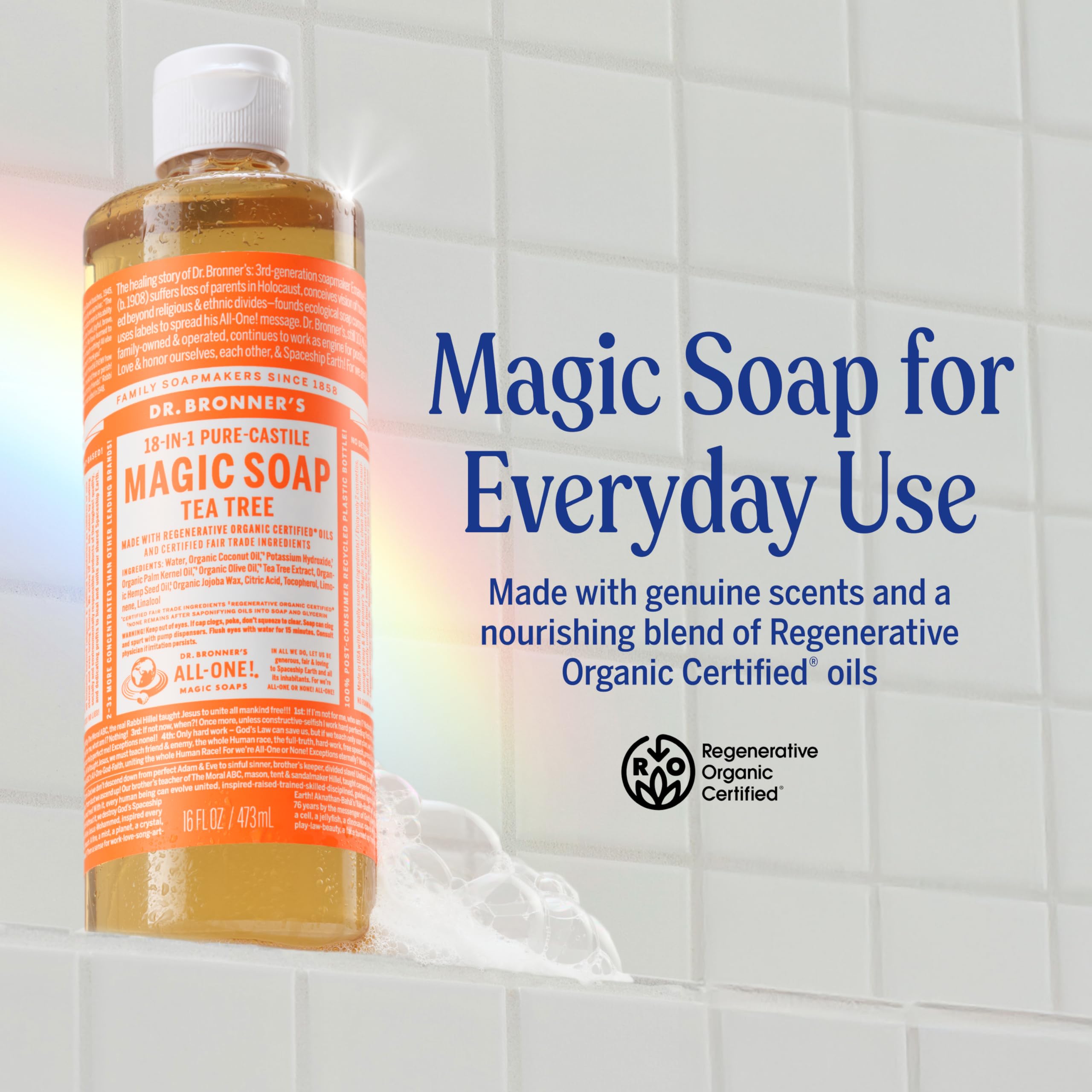 Dr. Bronner's tea tree soap being poured to show concentrated texture and flow