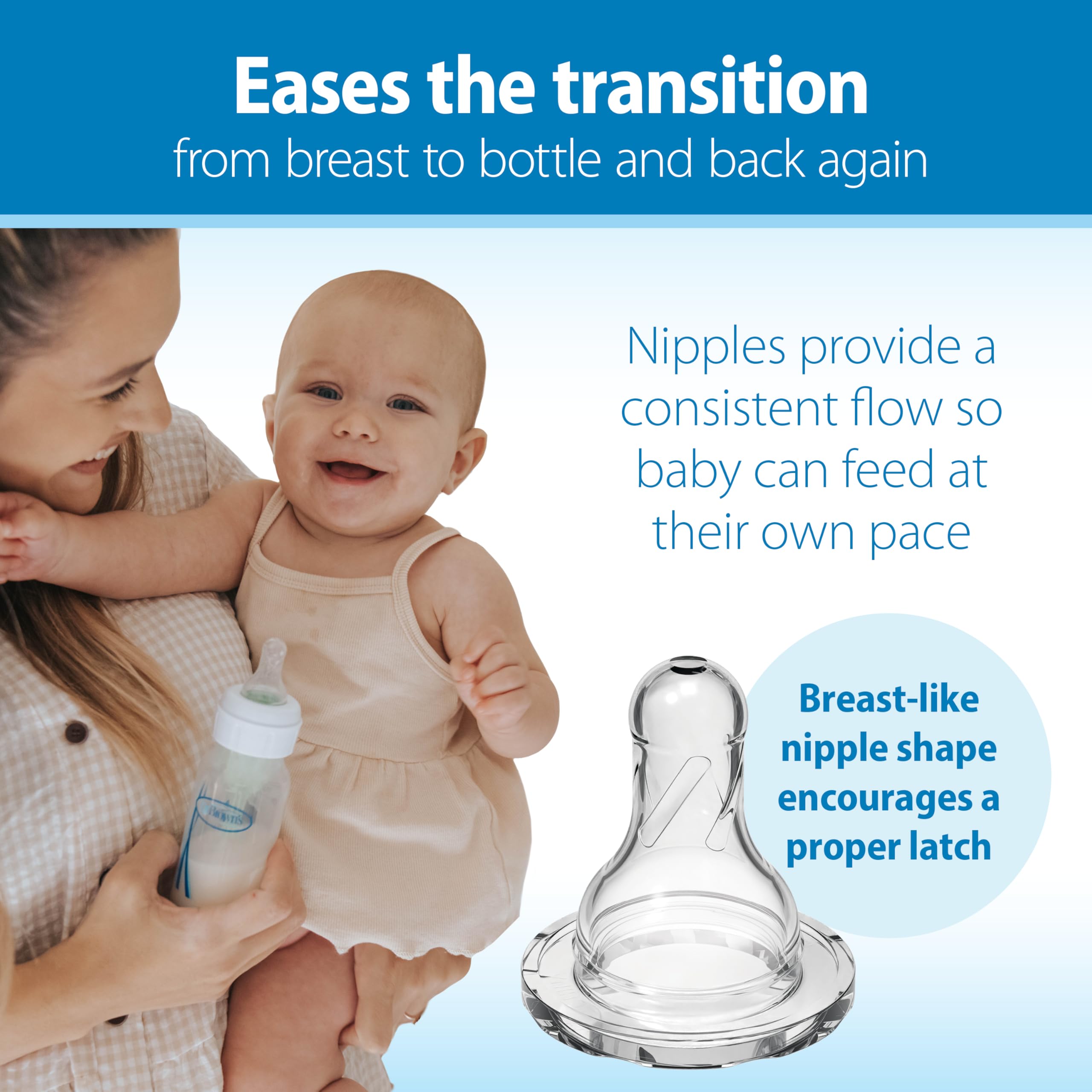 Dr. Brown's assembled bottle side view demonstrating slim profile and handling