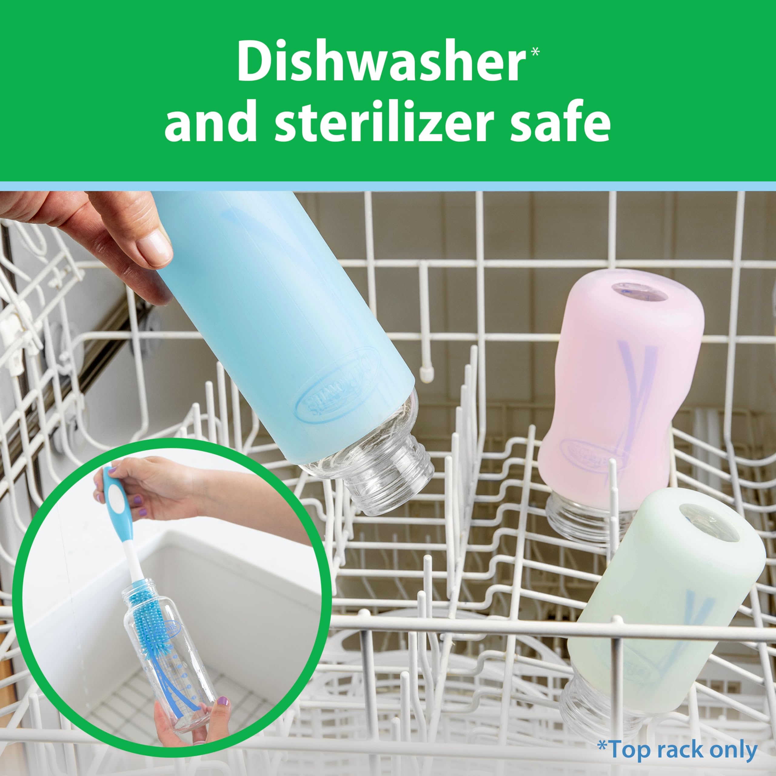 Dr. Brown's bottle components drying after wash showing easy-clean convenience