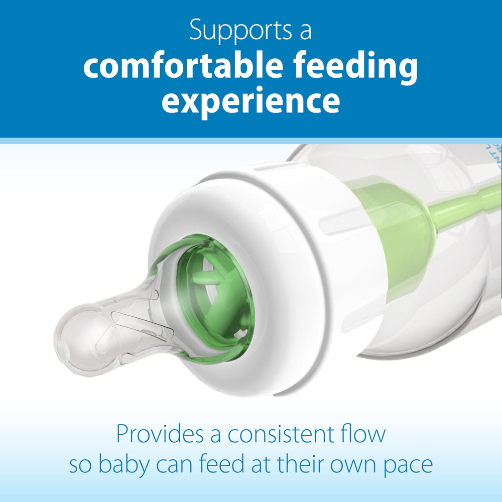 Dr. Brown's bottle in use during feeding showing steady flow and comfort