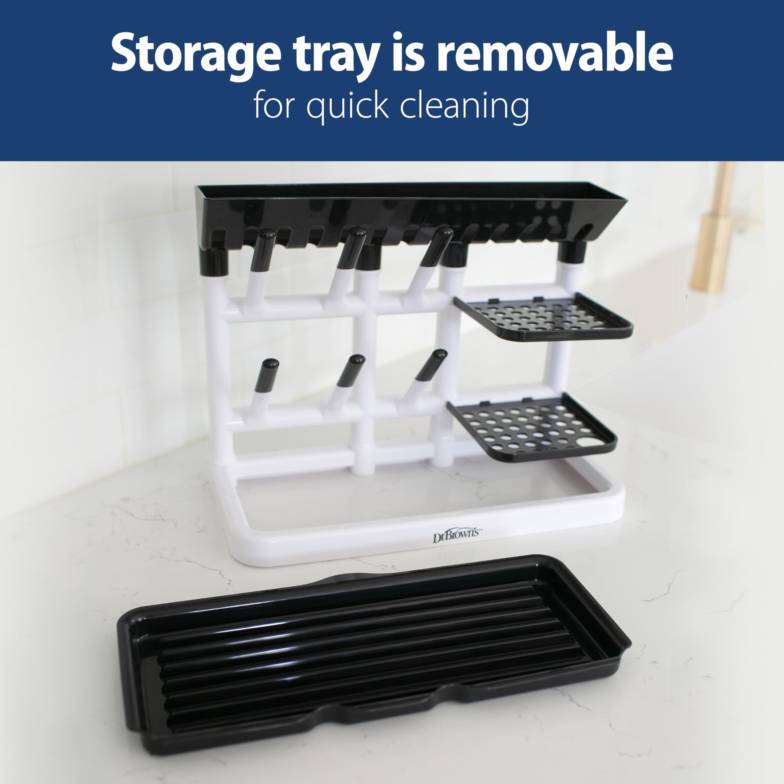 Dr. Brown's drying tower removable drip tray collecting water for easy cleanup