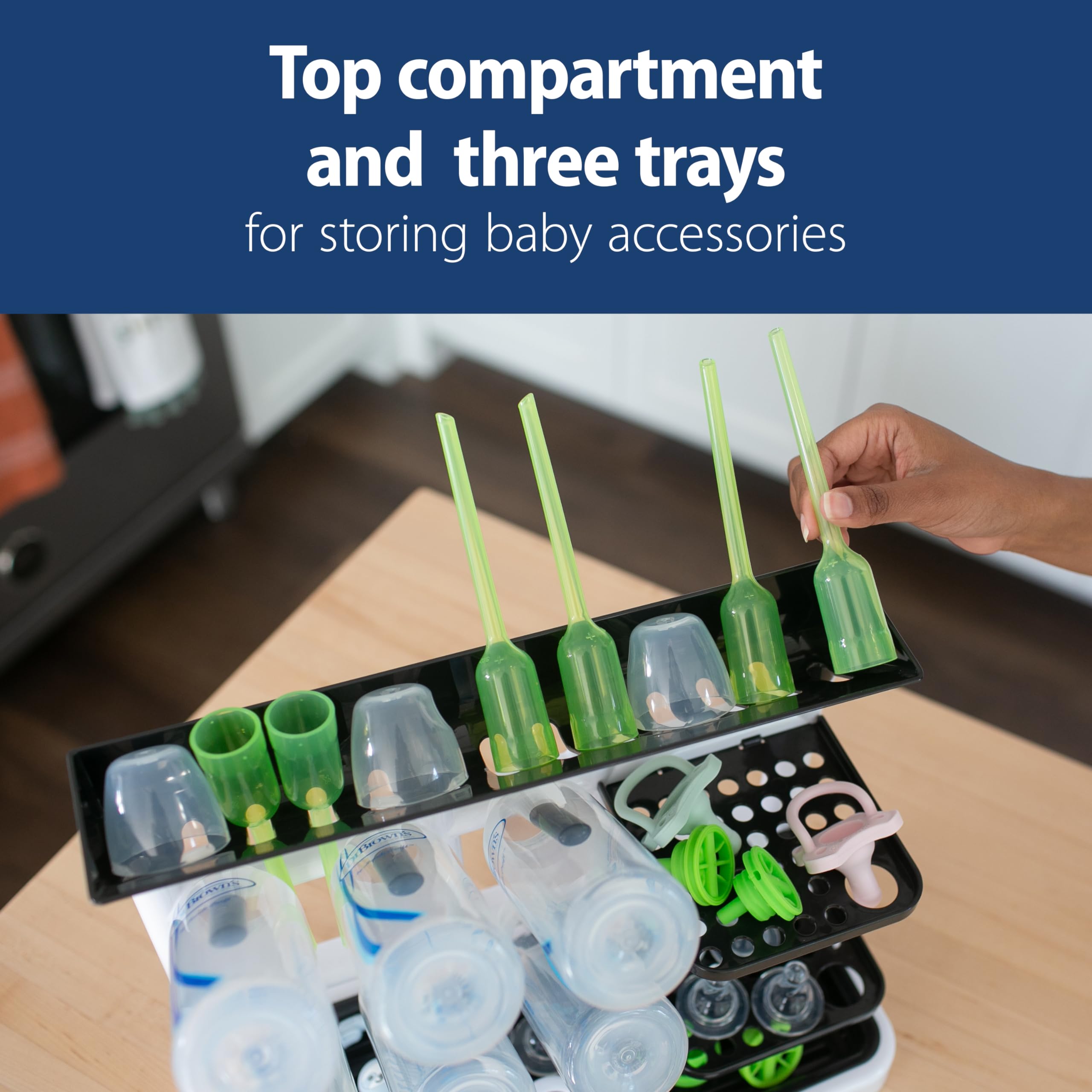 Dr. Brown's drying tower trays arranged separating lids and nipples for hygiene