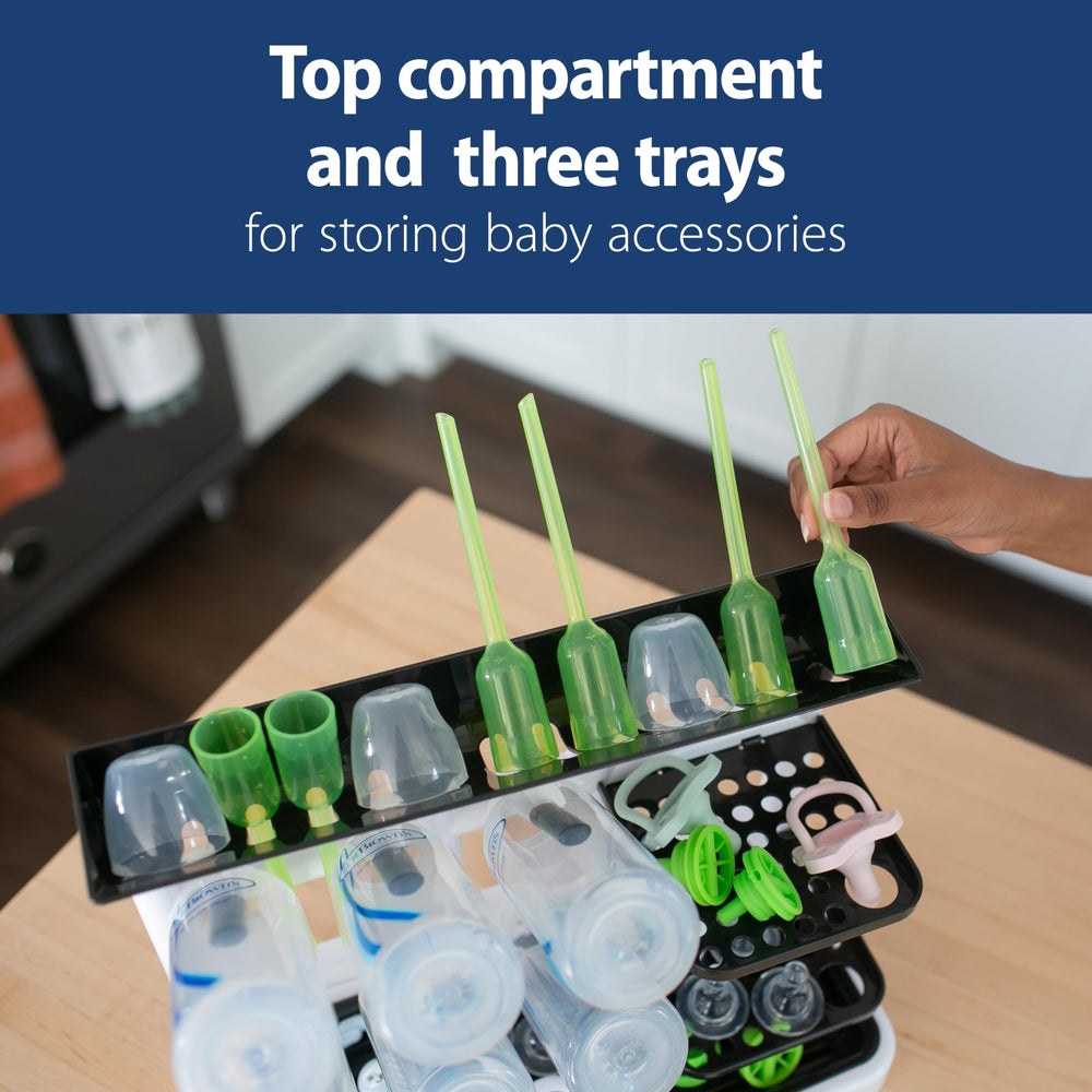 Dr. Brown's drying tower trays arranged separating lids and nipples for hygiene