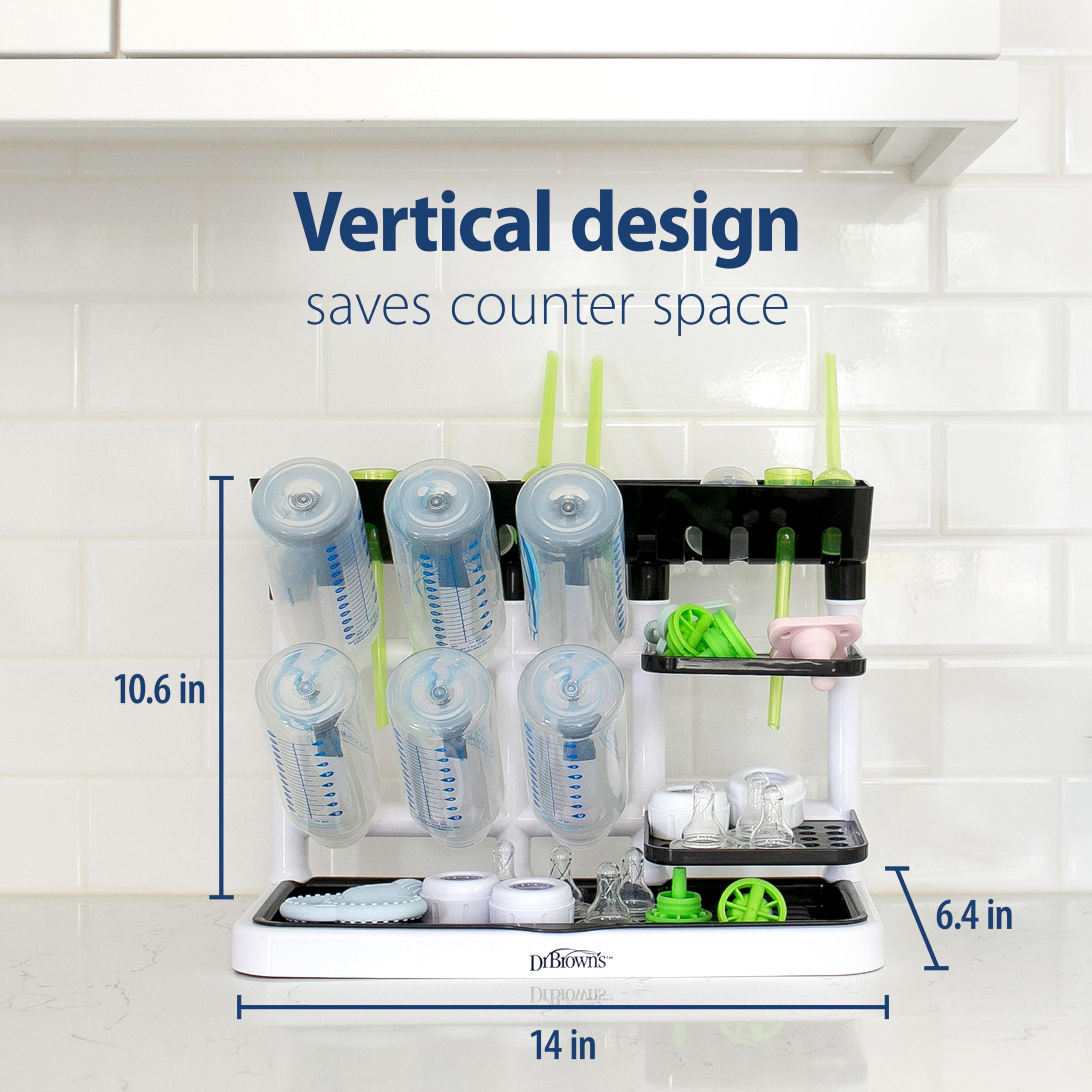 Dr. Brown's drying tower filled with bottles demonstrating tidy storage