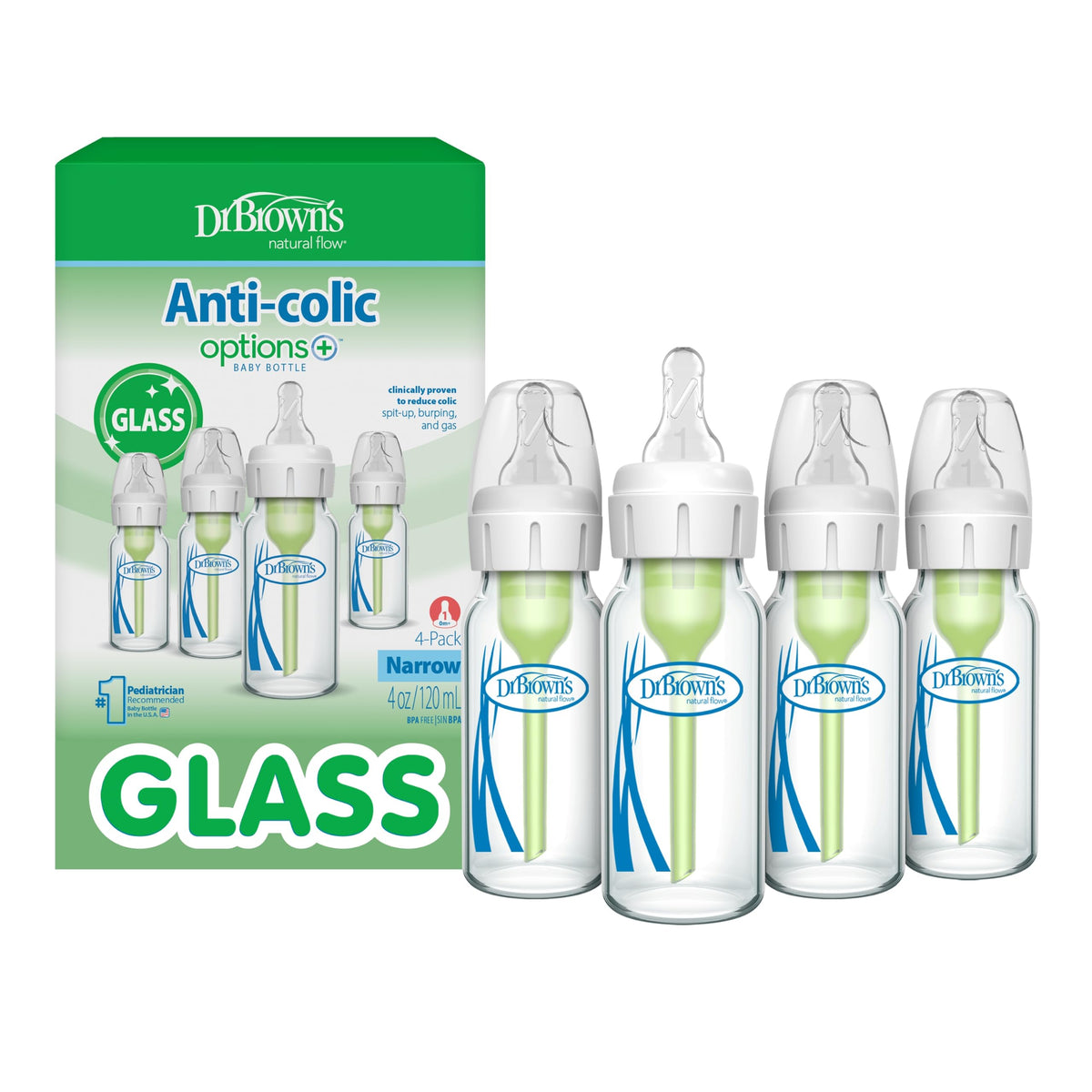 Dr. Brown's front view of 4-pack glass bottles showing set and convenience