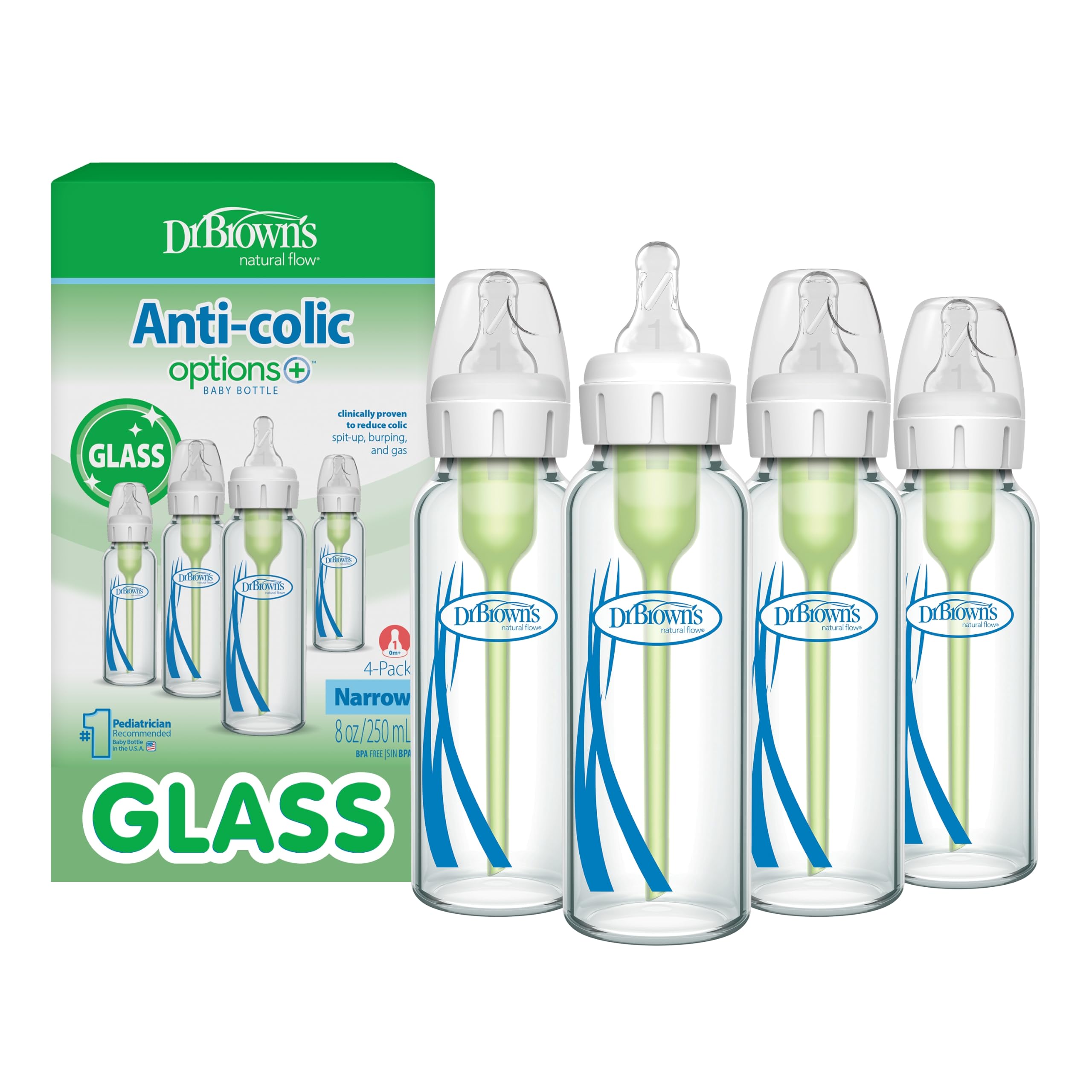 Dr. Brown's front view of 4-pack glass bottles showing packaging and clarity benefit