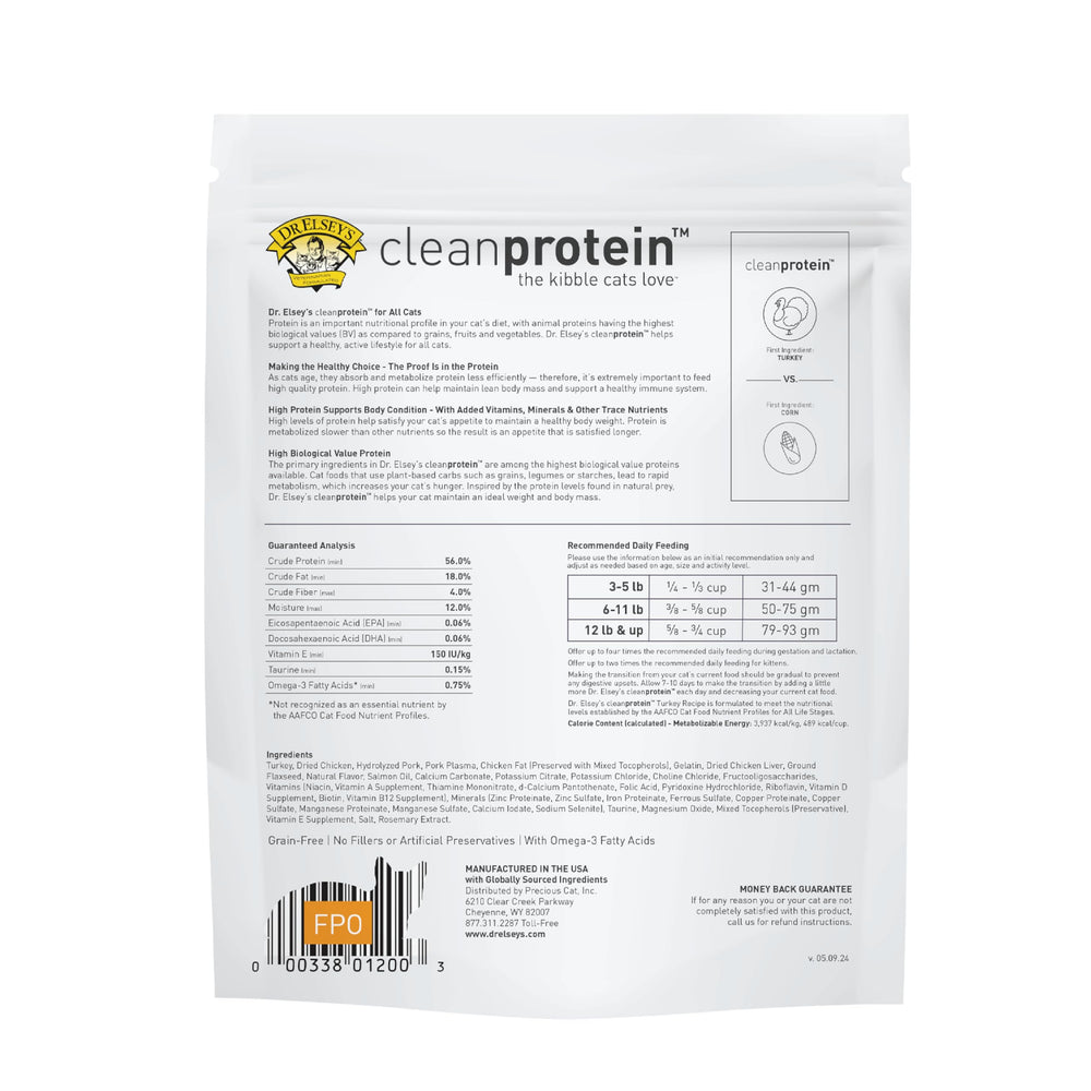 Dr. Elsey's ingredients label showing turkey-first formula and no fillers