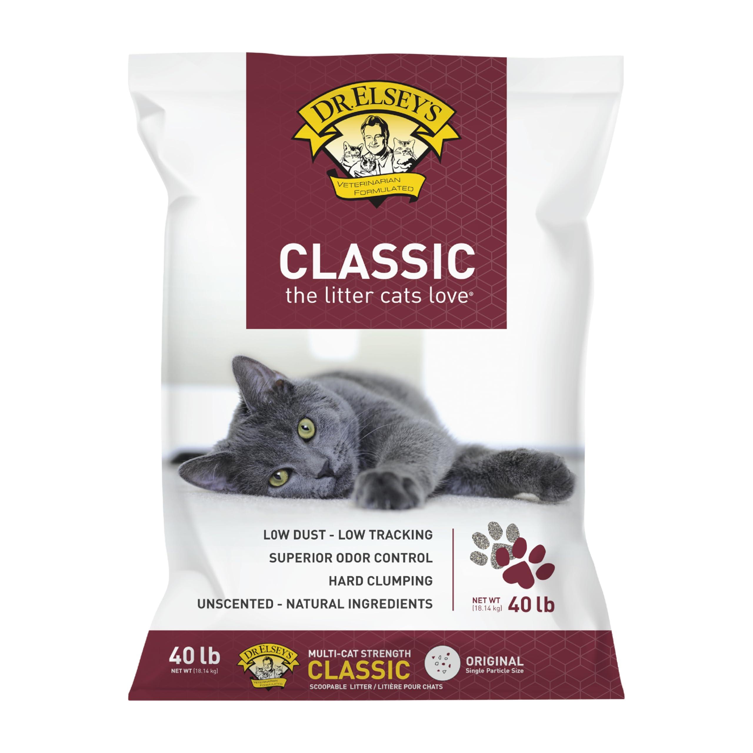 Dr. Elsey's Precious Cat Classic front bag showing branding and 40 lb size for value