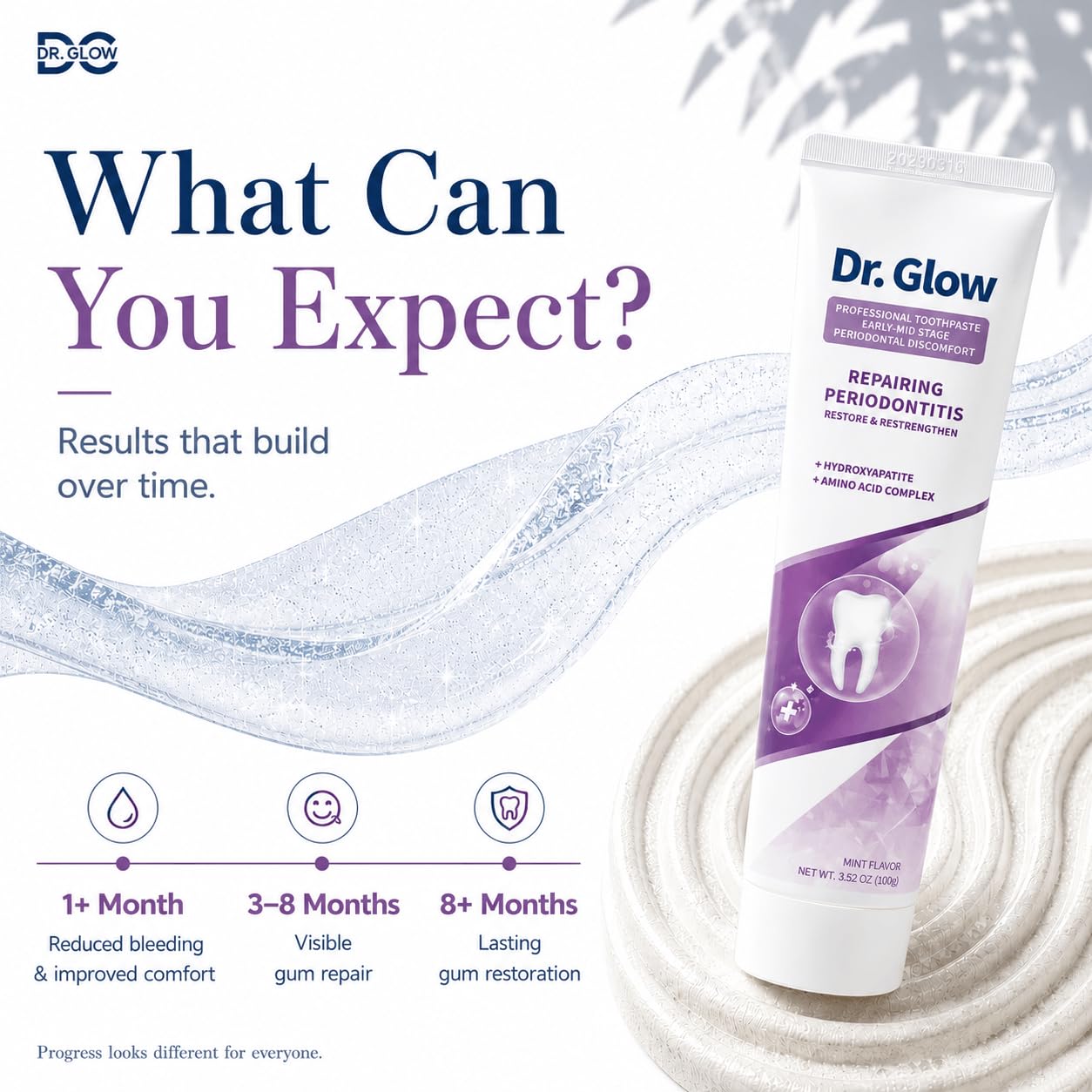 Person brushing with Dr. Glow, illustrating deeper clean along gumline