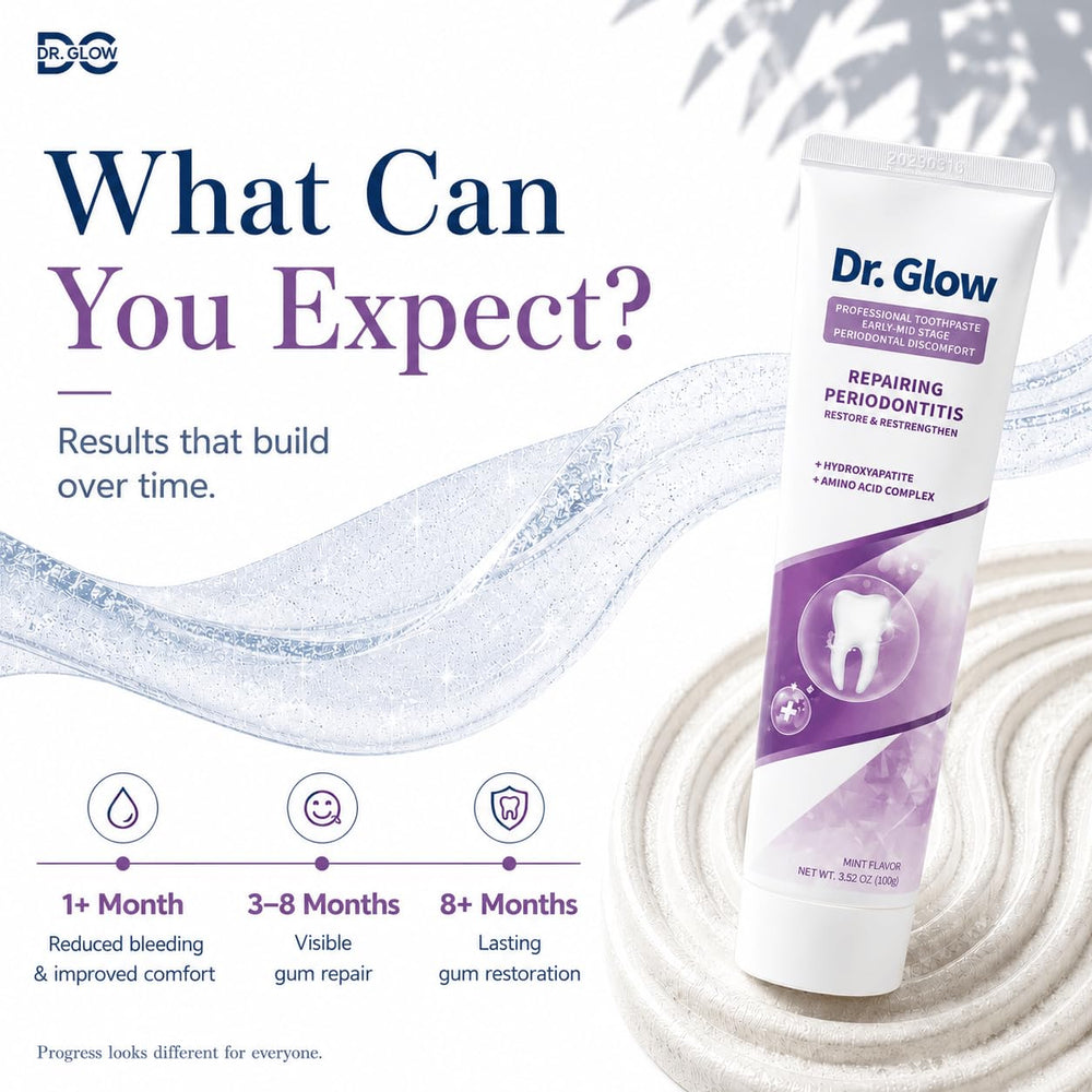 Person brushing with Dr. Glow, illustrating deeper clean along gumline