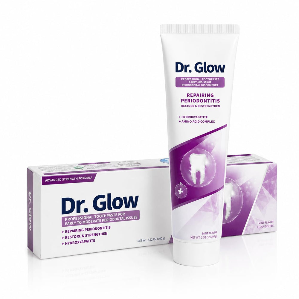 Dr. Glow front packaging showing tube and box, promoting targeted gum care