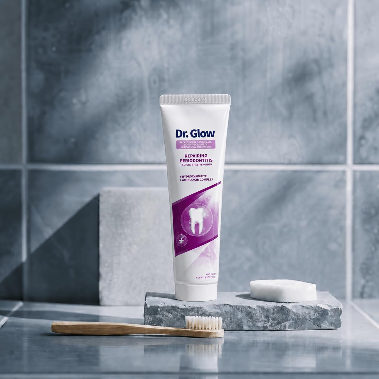 Dr. Glow tube staged on bathroom counter, showing everyday oral care routine