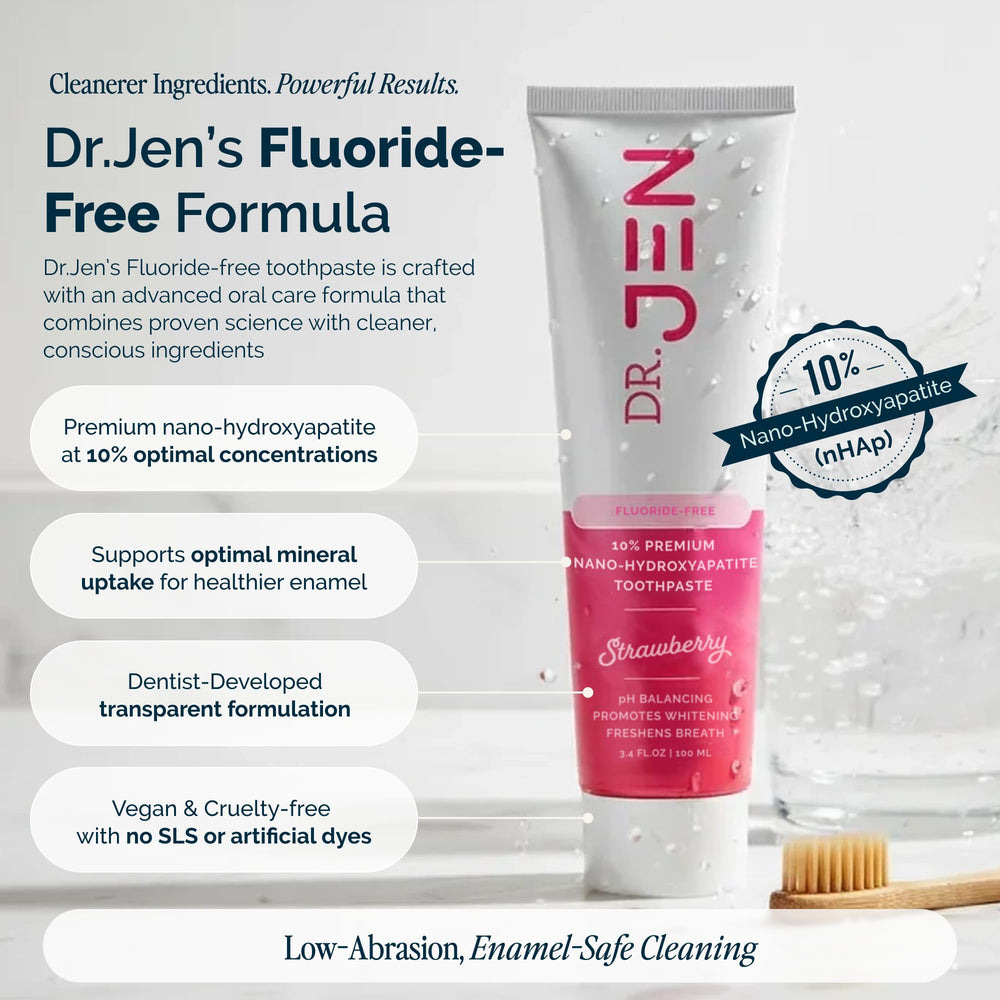 Dr Jen on dentist desk signaling professional design and trusted formulation