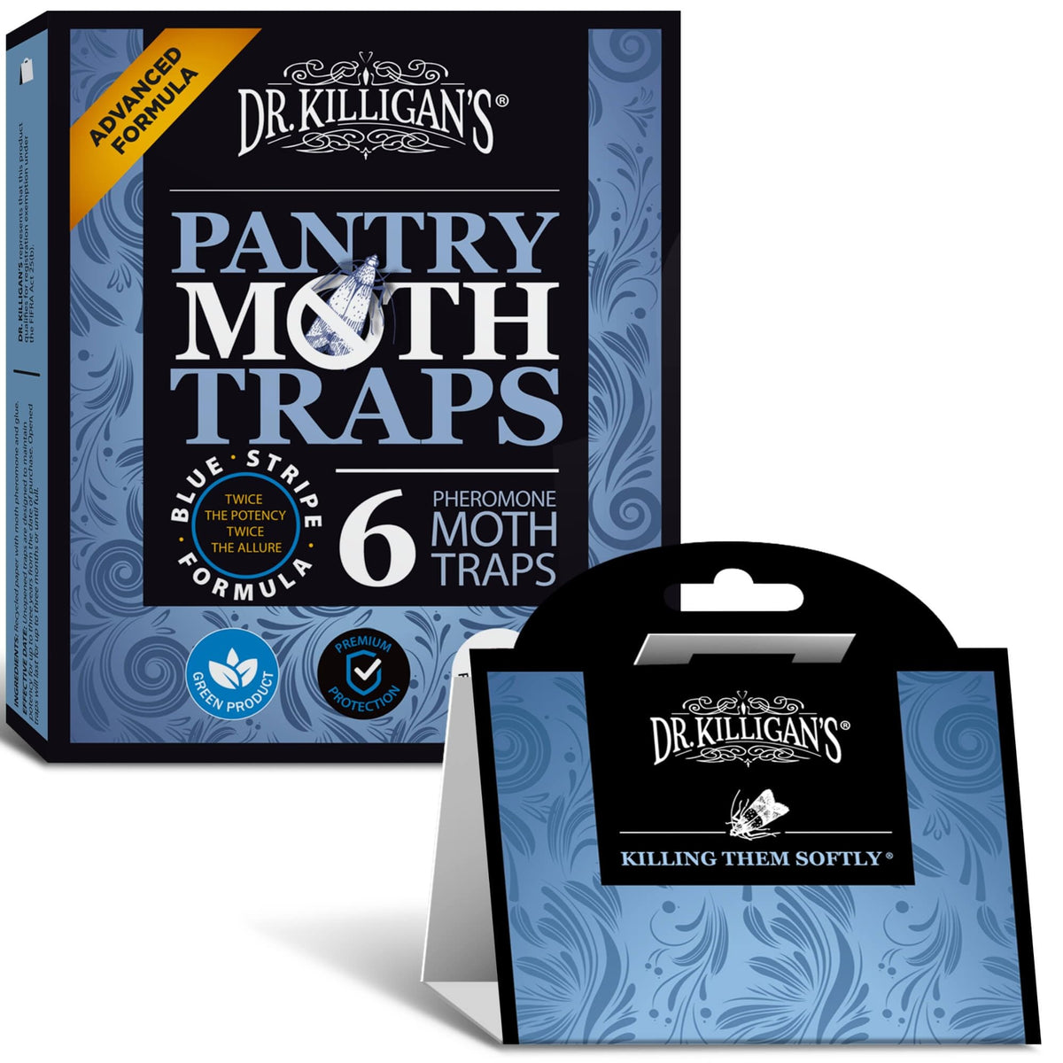 Dr. Killigan's front packaging showing six blue prime traps and benefits