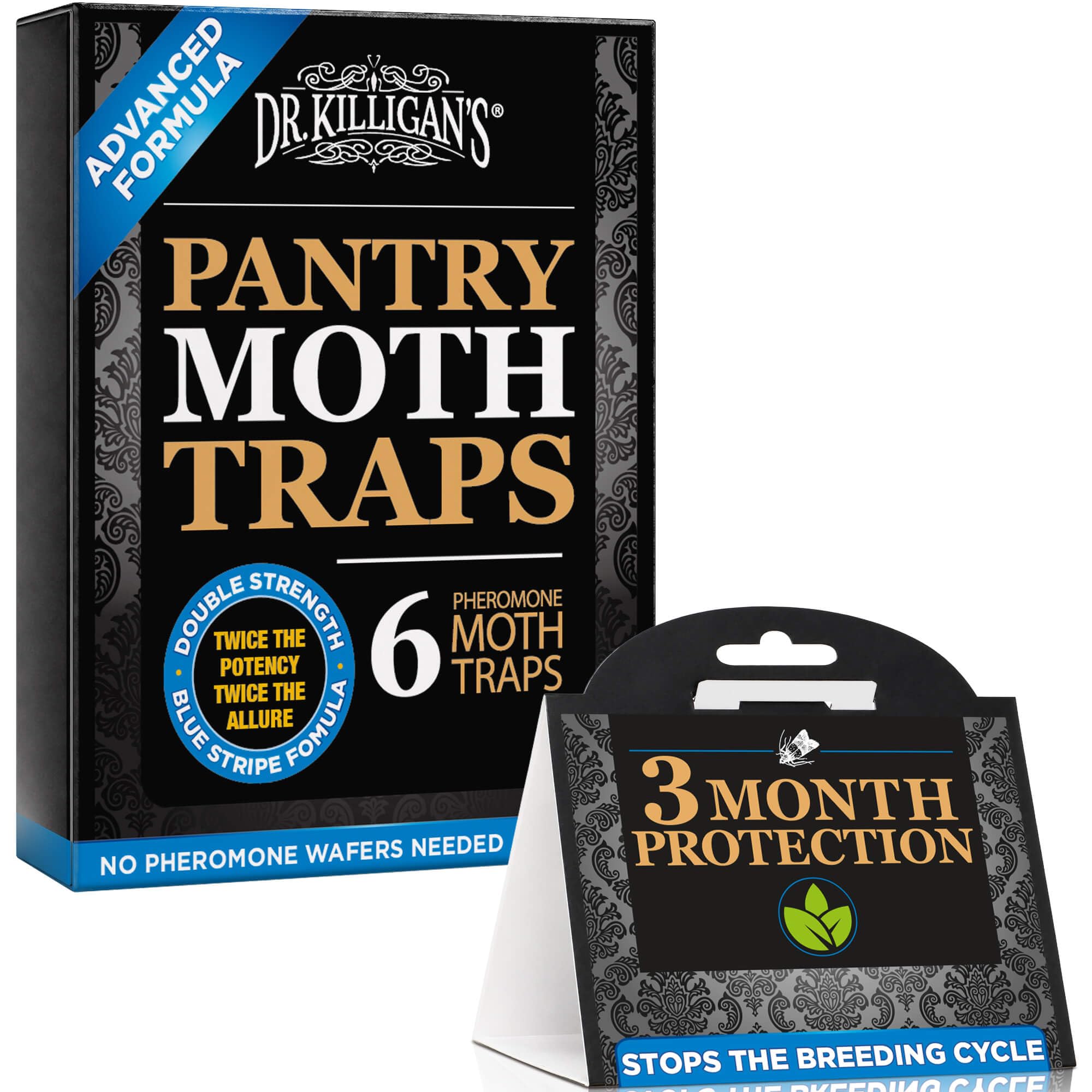 Dr. Killigan's front packaging showing six black pheromone traps and benefits