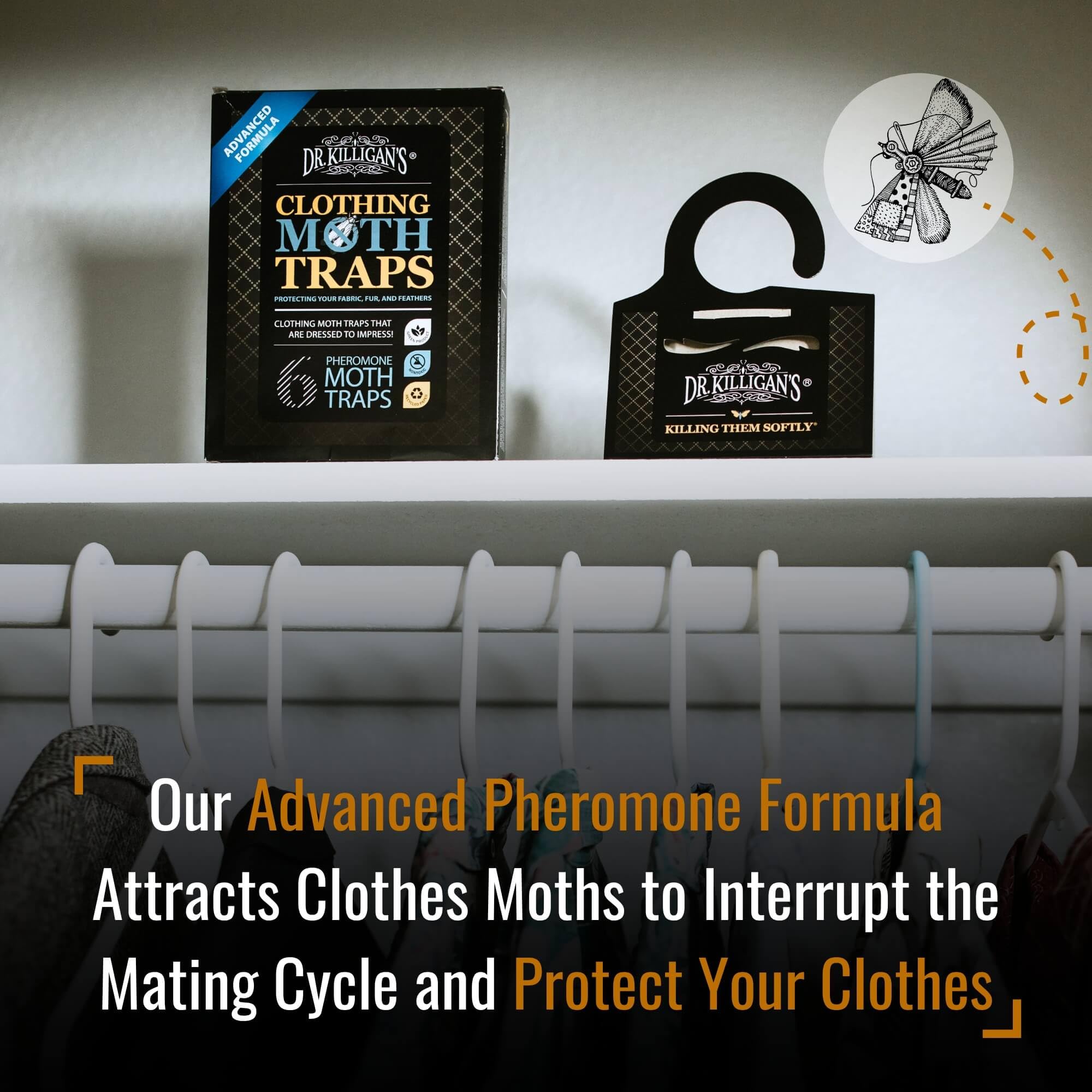 Dr. Killigan's trap hanging inside a closet among clothes, protecting wool and cashmere garments