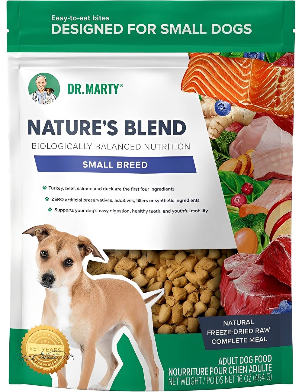 Dr. Marty front packaging showing product name and small-breed benefit