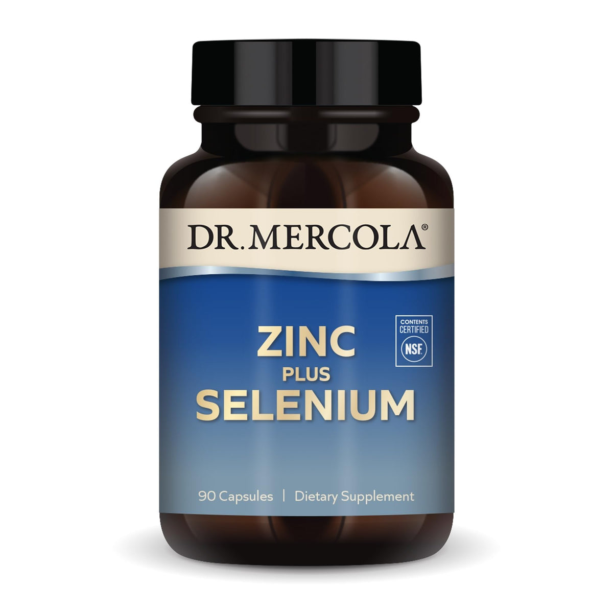 Dr. Mercola bottle front packaging showing zinc plus selenium label and benefits