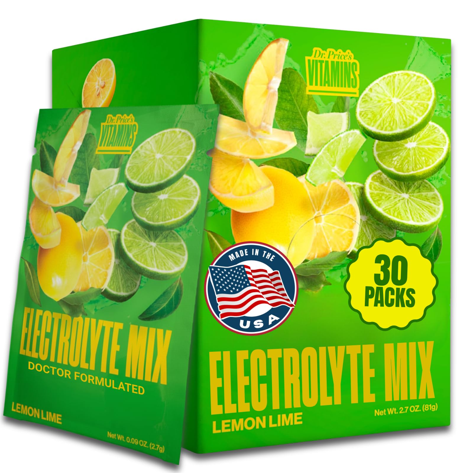 Dr. Price's Vitamins front packaging showing lemon lime packets and benefits