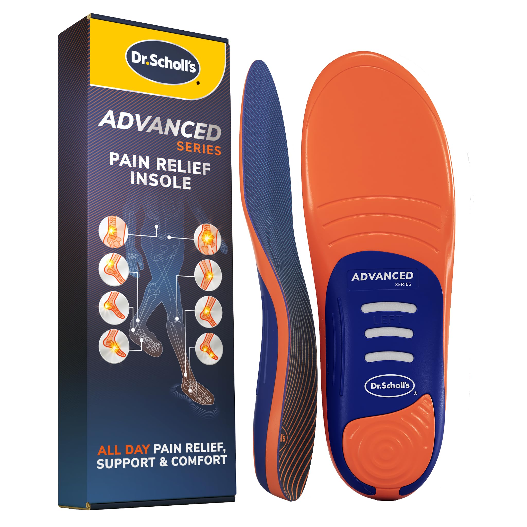 Dr. Scholl's front view packaging showing ready-to-use heavy-duty insoles and benefits
