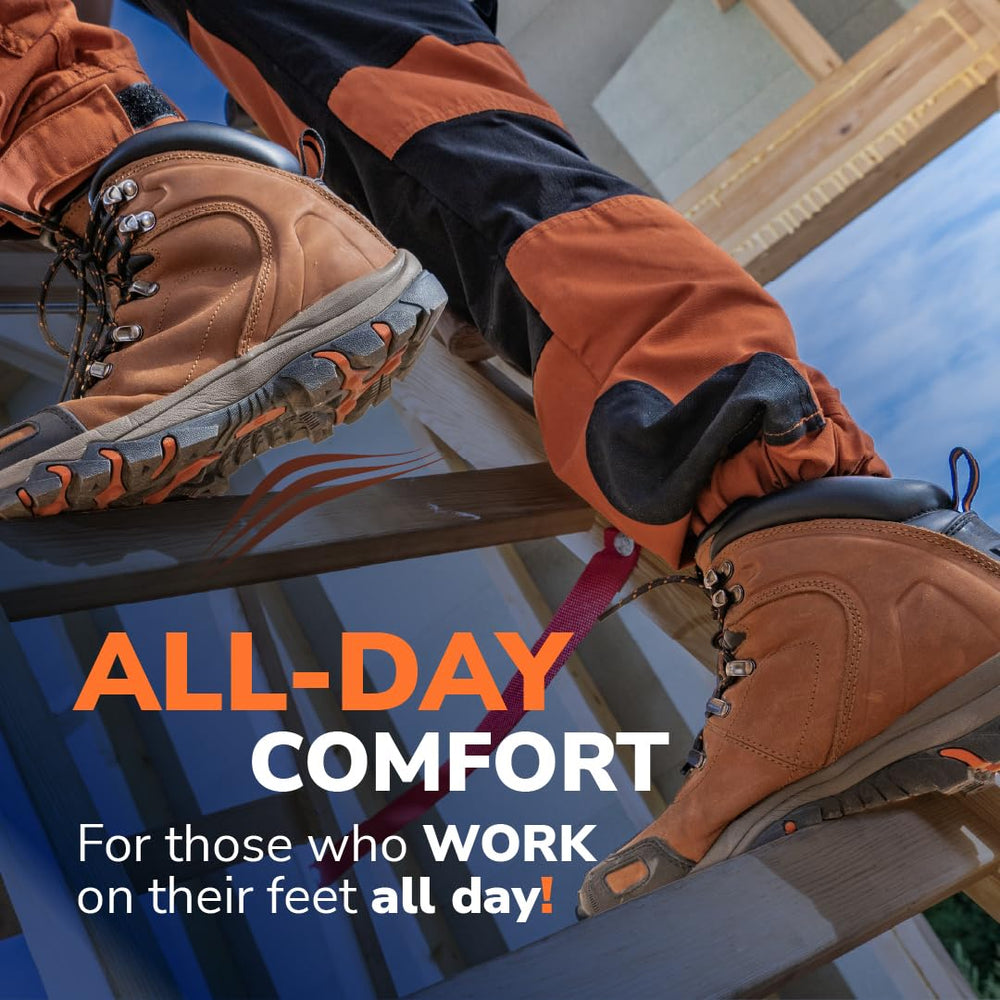 Dr. Scholl's insole in a work boot illustrating all-day support for on-the-job comfort