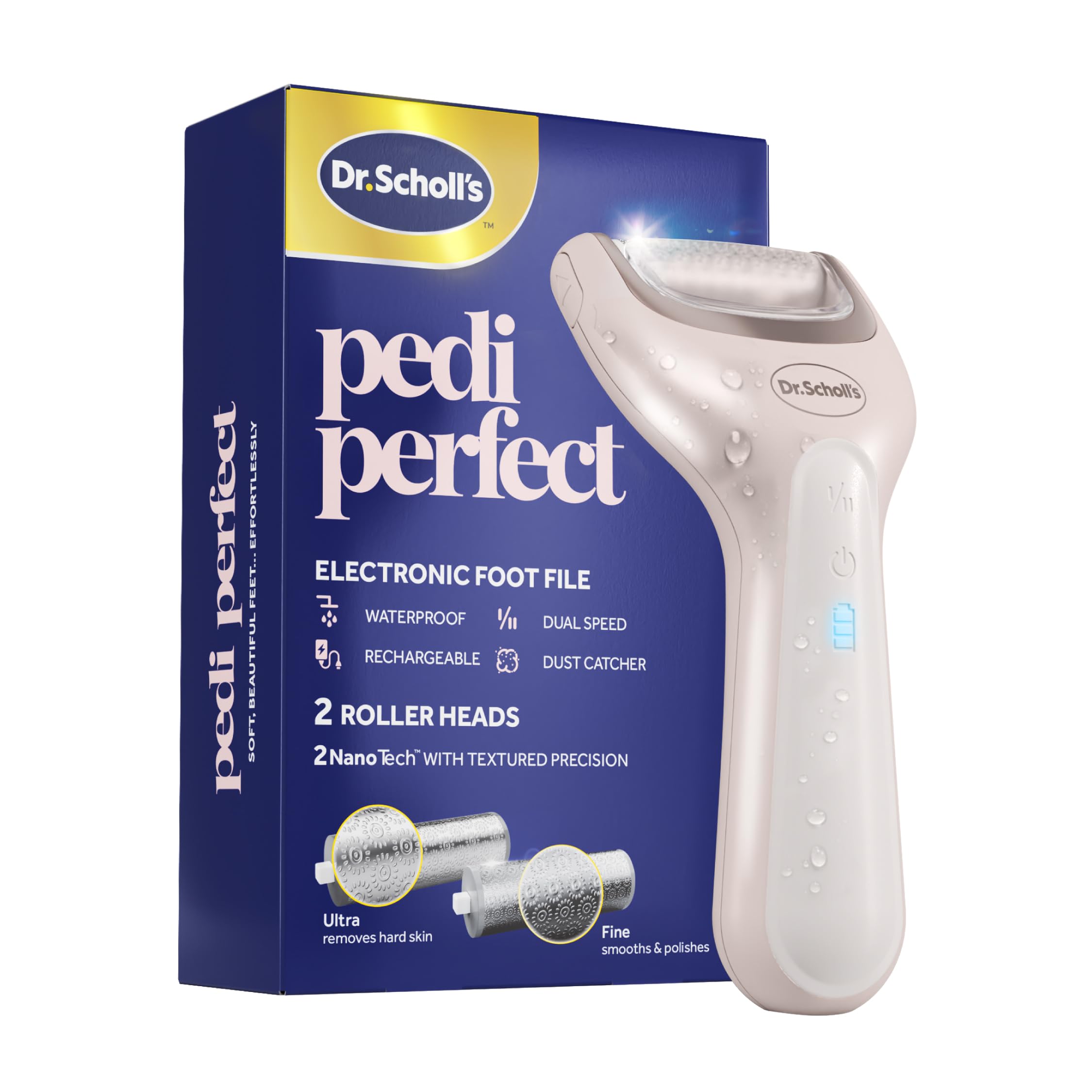 Dr. Scholl's front view of Pedi Perfect showing device and roller for smooth feet