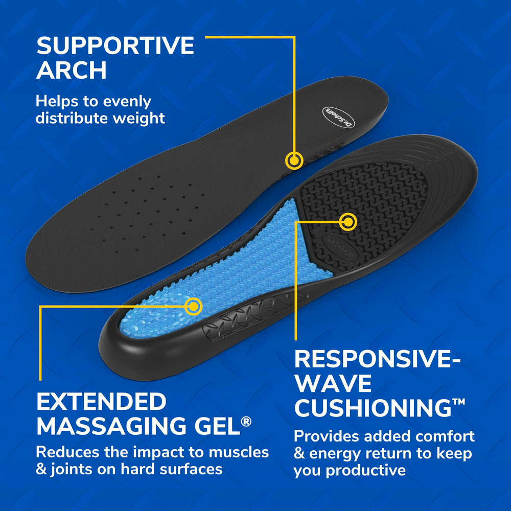 Dr. Scholl's insole placed inside a work boot demonstrating fit