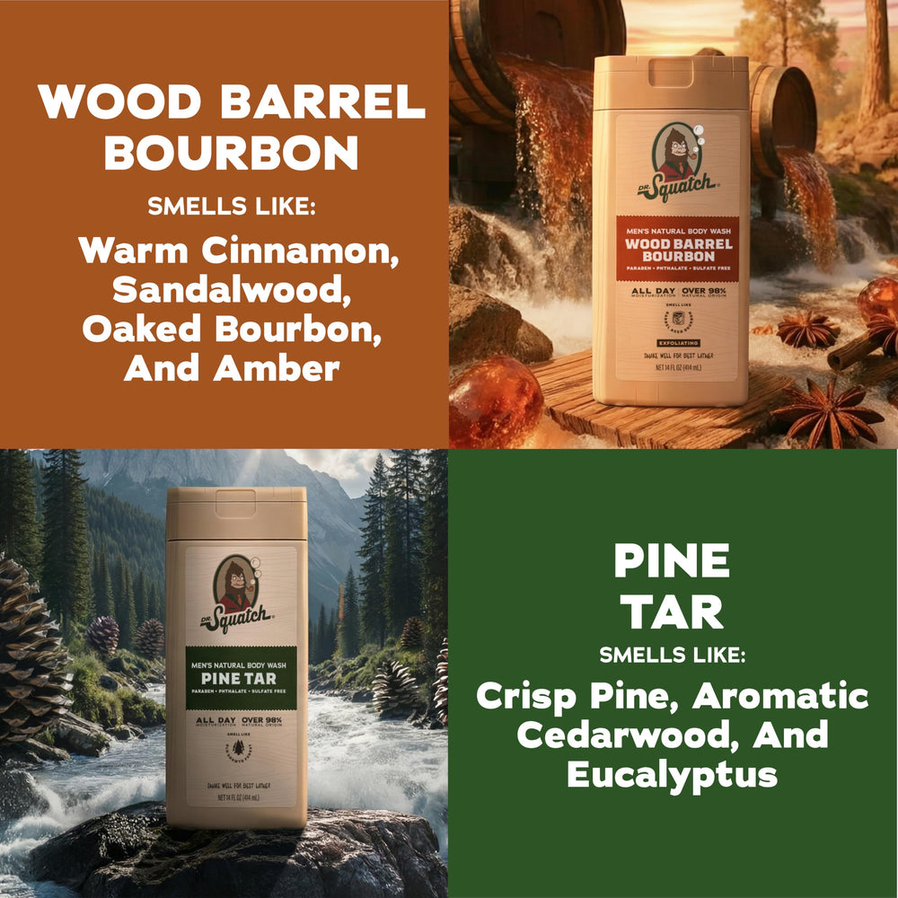 Dr. Squatch pouring body wash to show thick lather and cleansing benefit