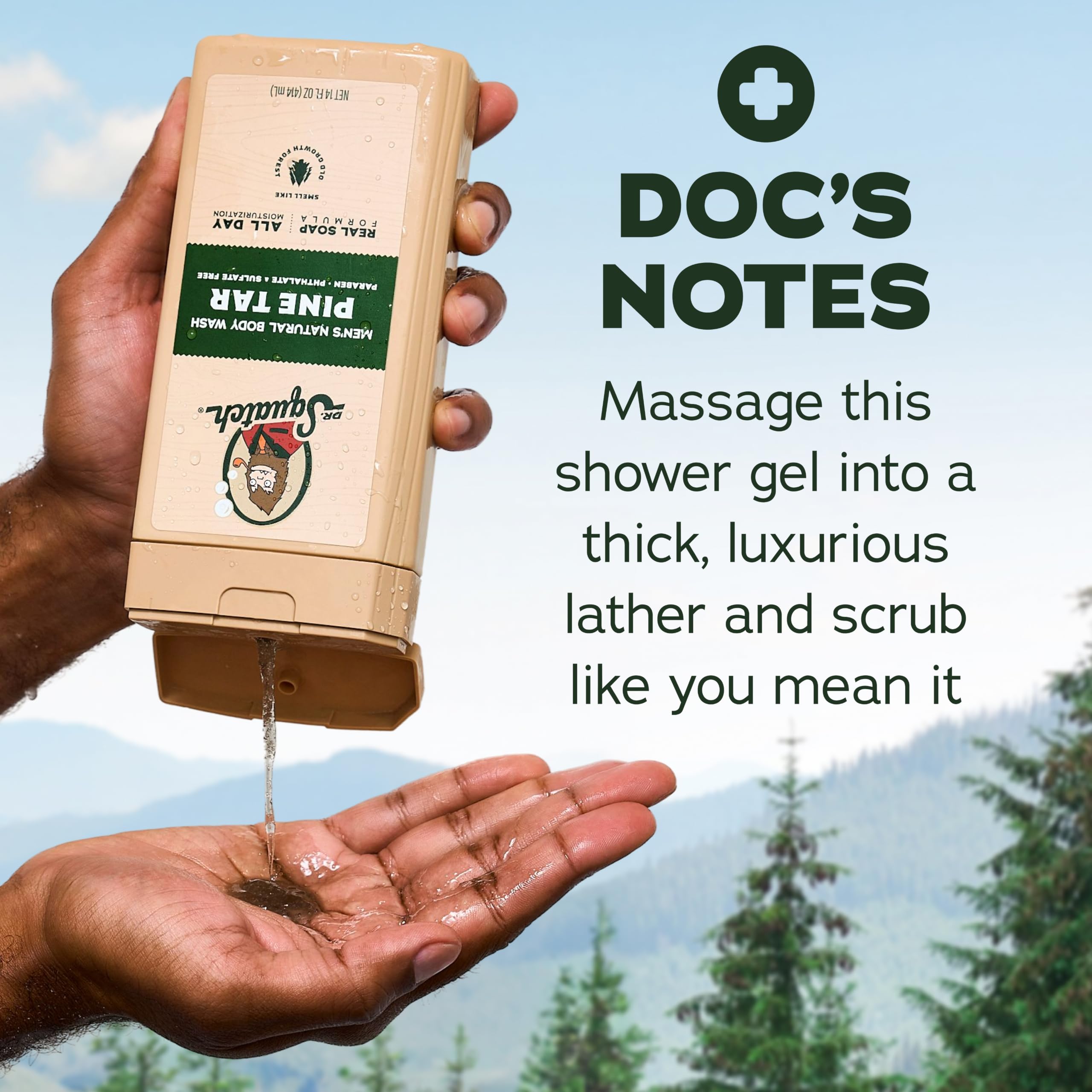 Dr. Squatch bottle beside pine and wood props showing natural sourcing benefit