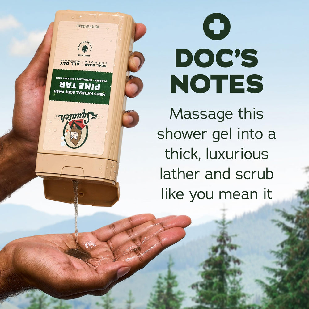 Dr. Squatch bottle beside pine and wood props showing natural sourcing benefit