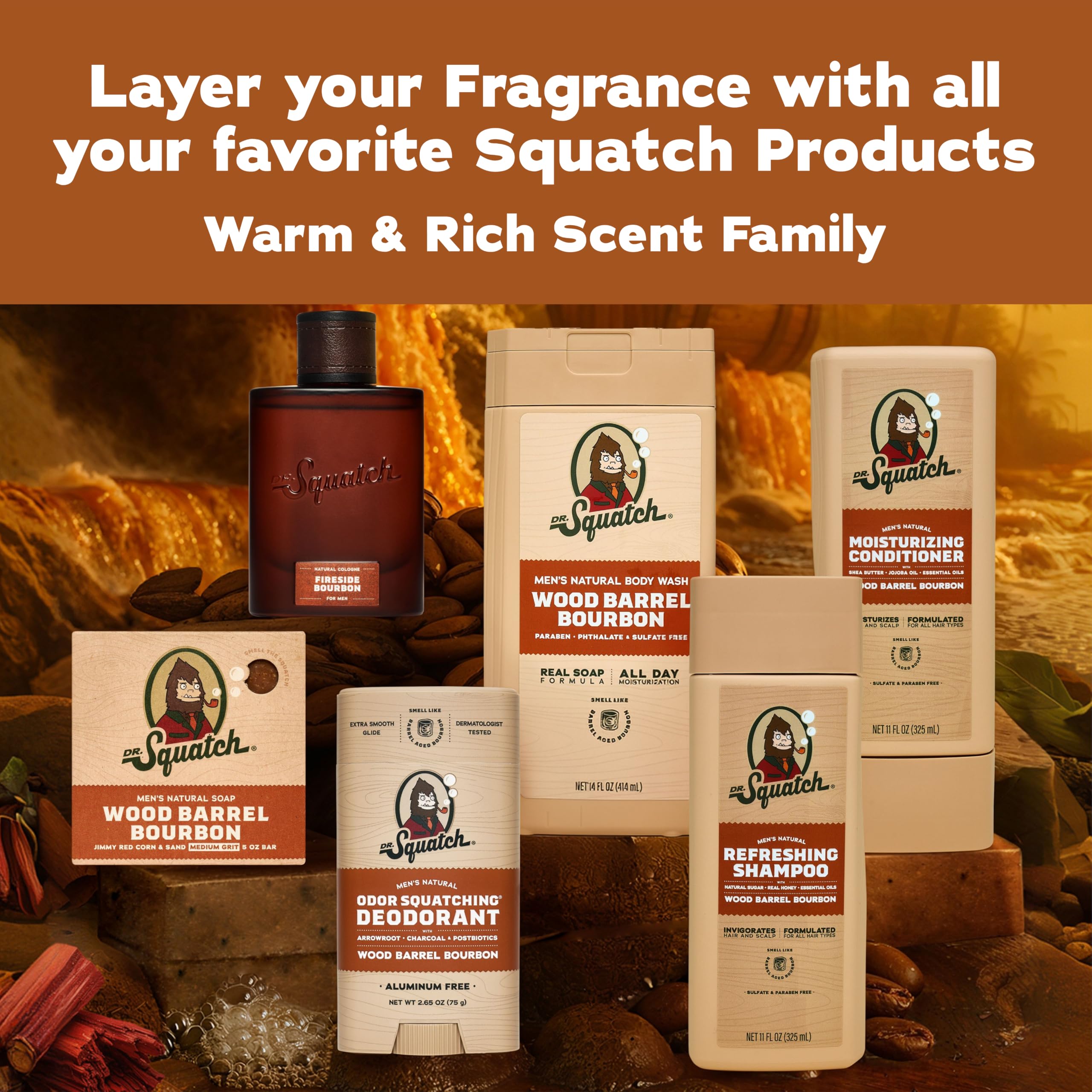 Dr. Squatch Fireside Bourbon cedarwood ingredient focus highlighting natural sourcing benefit
