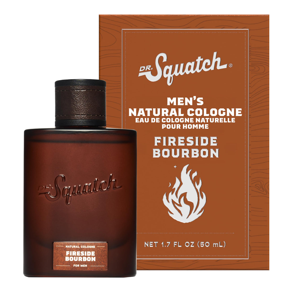 Dr. Squatch Fireside Bourbon front packaging shows compact 1.7 fl oz benefit travel-ready