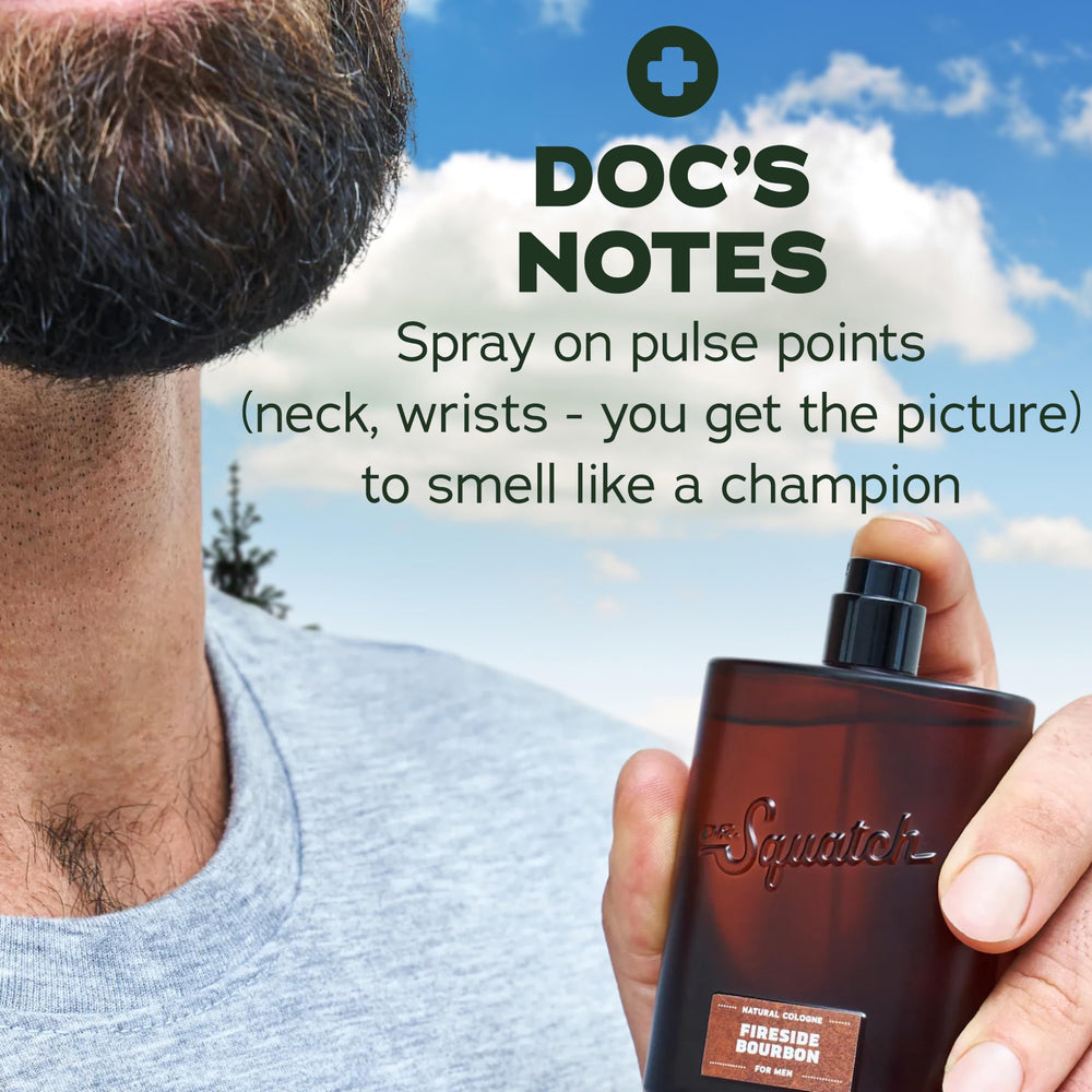 Dr. Squatch Fireside Bourbon on bathroom vanity showing daily routine compatibility benefit