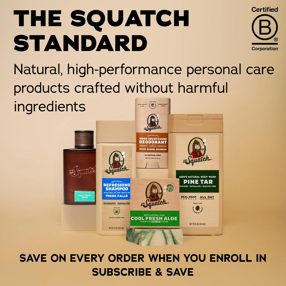Dr. Squatch Fresh Falls set styled on bathroom shelf in lifestyle setting