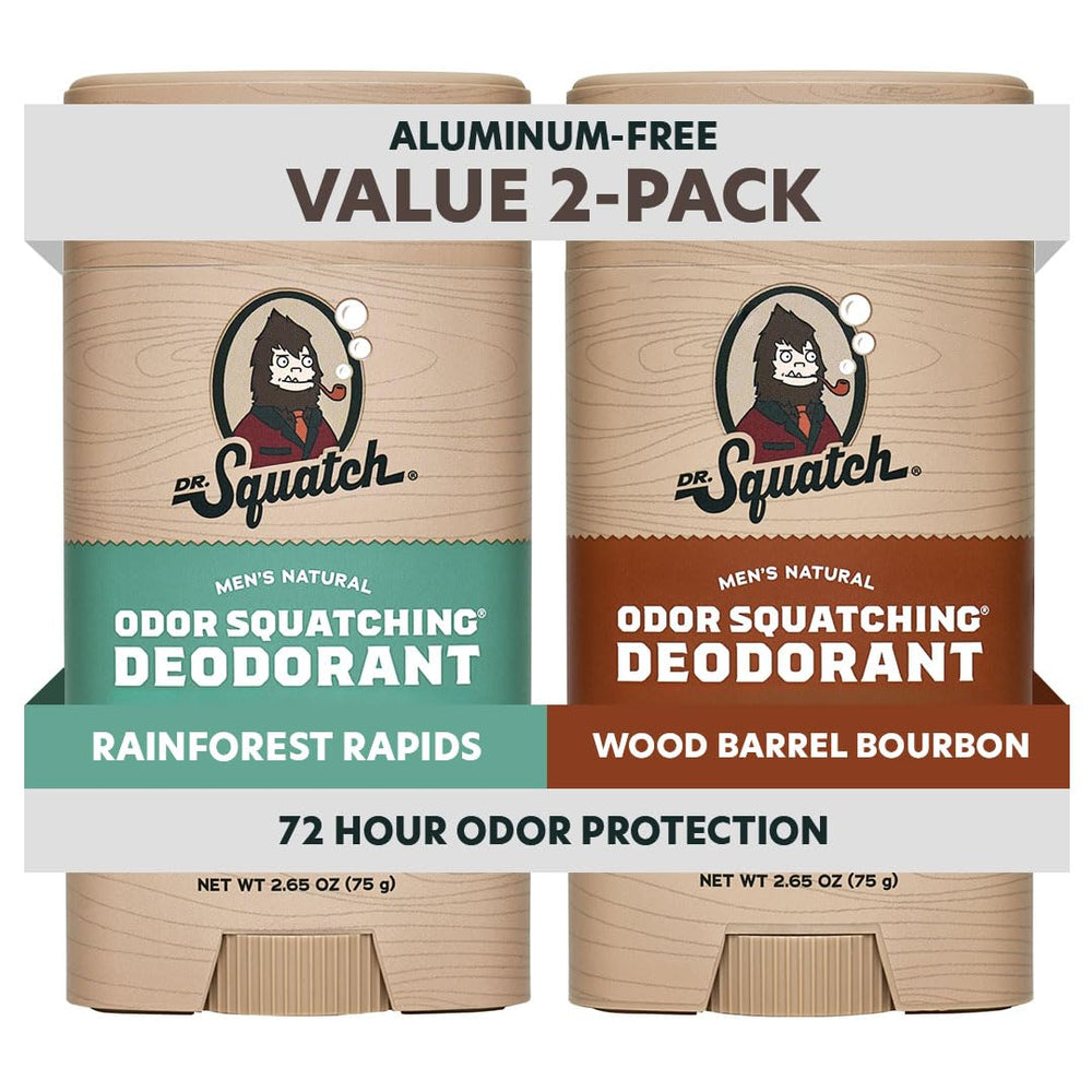 Dr. Squatch front packaging showing both Rainforest Rapids and Wood Barrel Bourbon scents and natural benefit