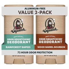 Dr. Squatch front packaging showing both Rainforest Rapids and Wood Barrel Bourbon scents and natural benefit