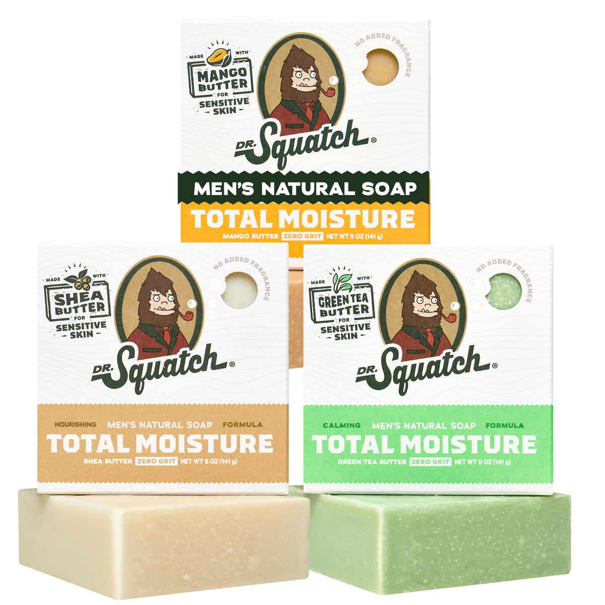Dr. Squatch front packaging showing three-bar 3-pack and benefits