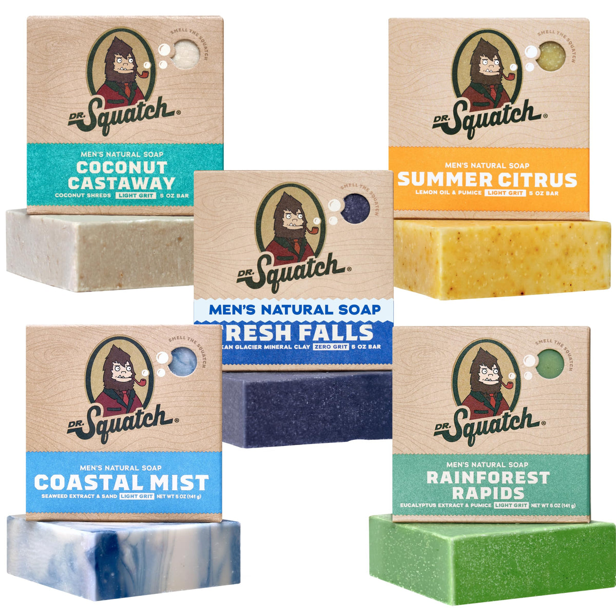 Dr. Squatch front packaging showing five-bar set and clear scent variety benefits